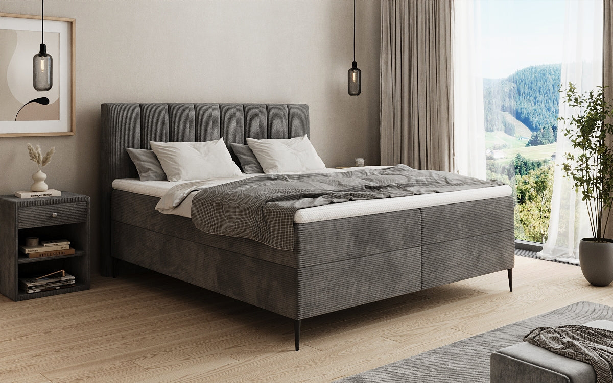 Lit boxspring Lucca en Côtelé avec rangement et pieds