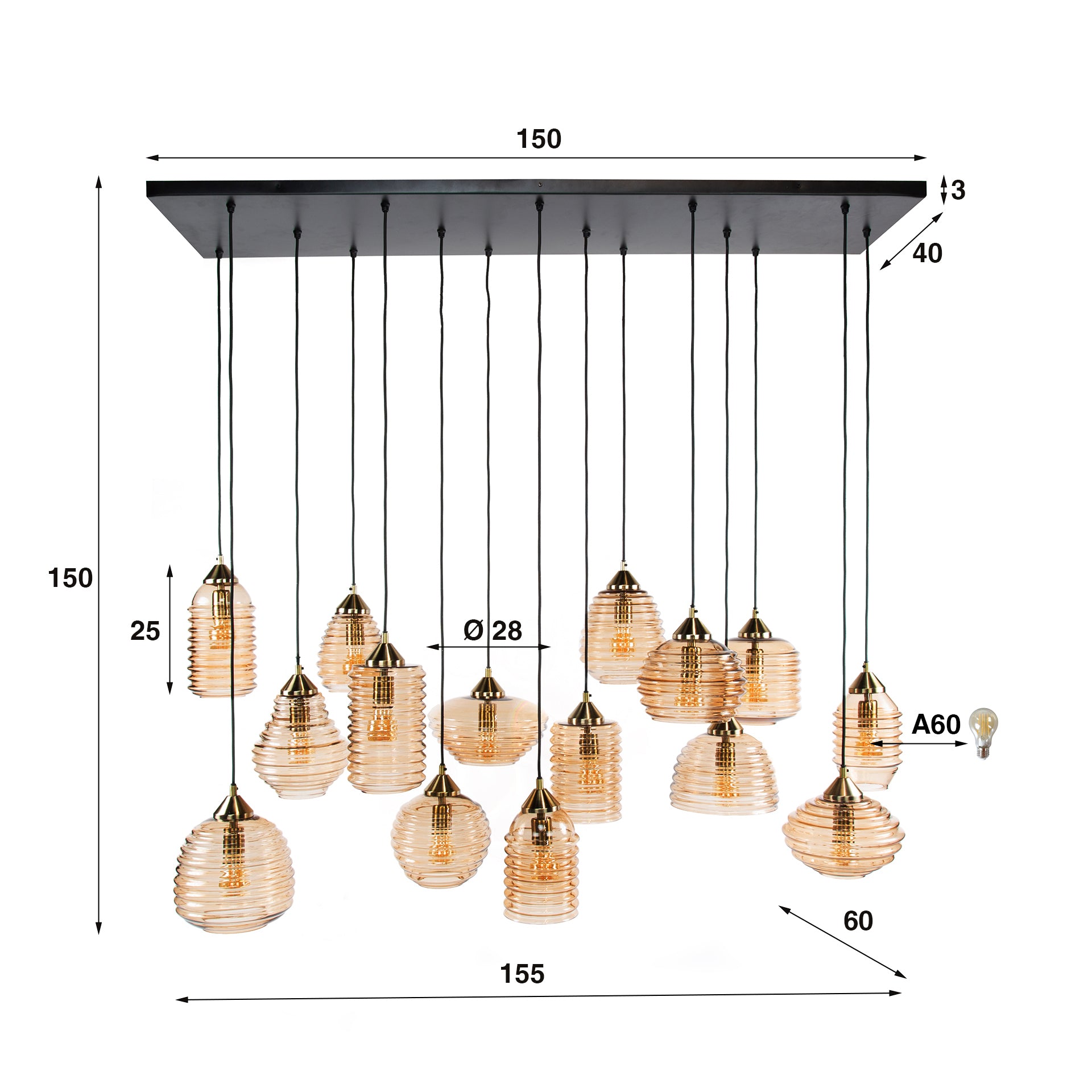 Suspension "Solaro" – avec 15 lampes au design en verre côtelé et couleur ambre