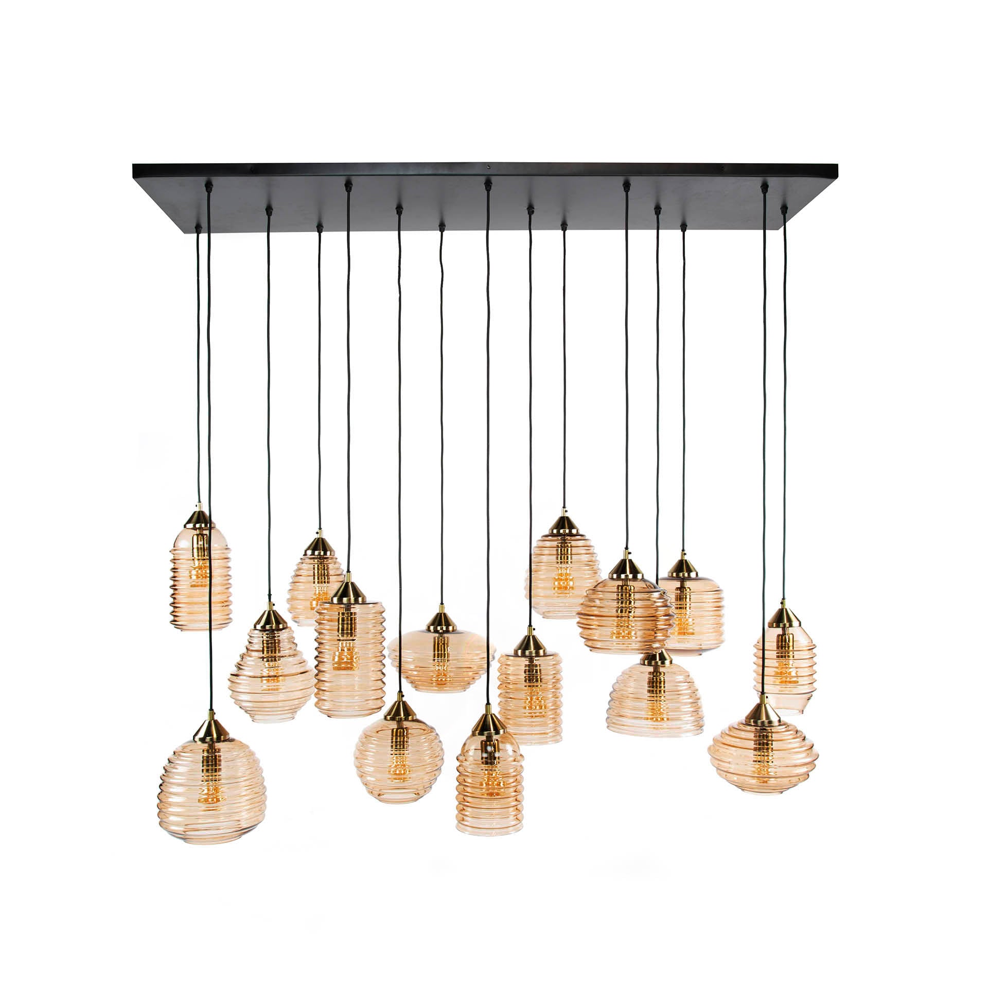 Suspension "Solaro" – avec 15 lampes au design en verre côtelé et couleur ambre