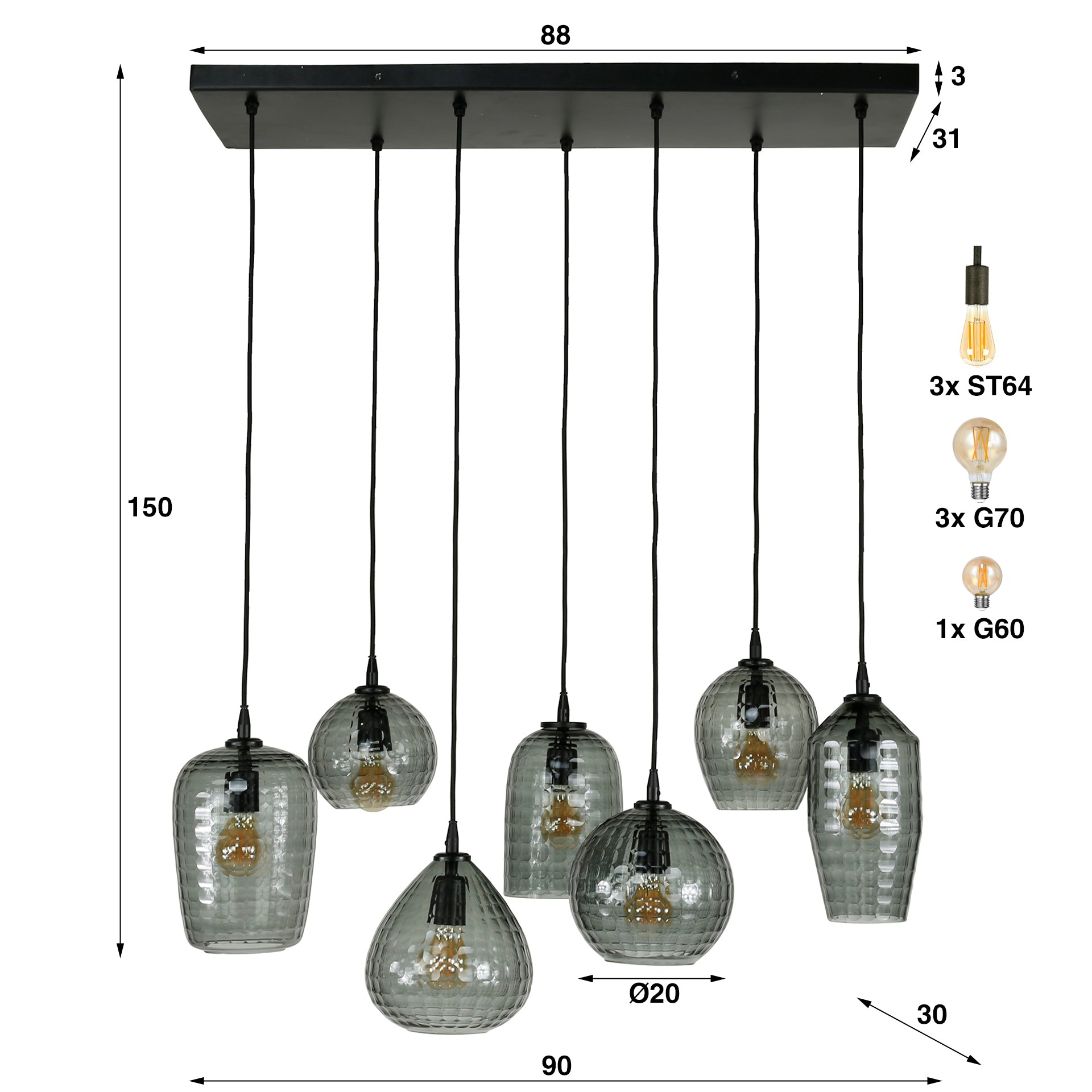 Suspension « Aurelia » – avec 7 lampes en design verre fumé et armature en métal