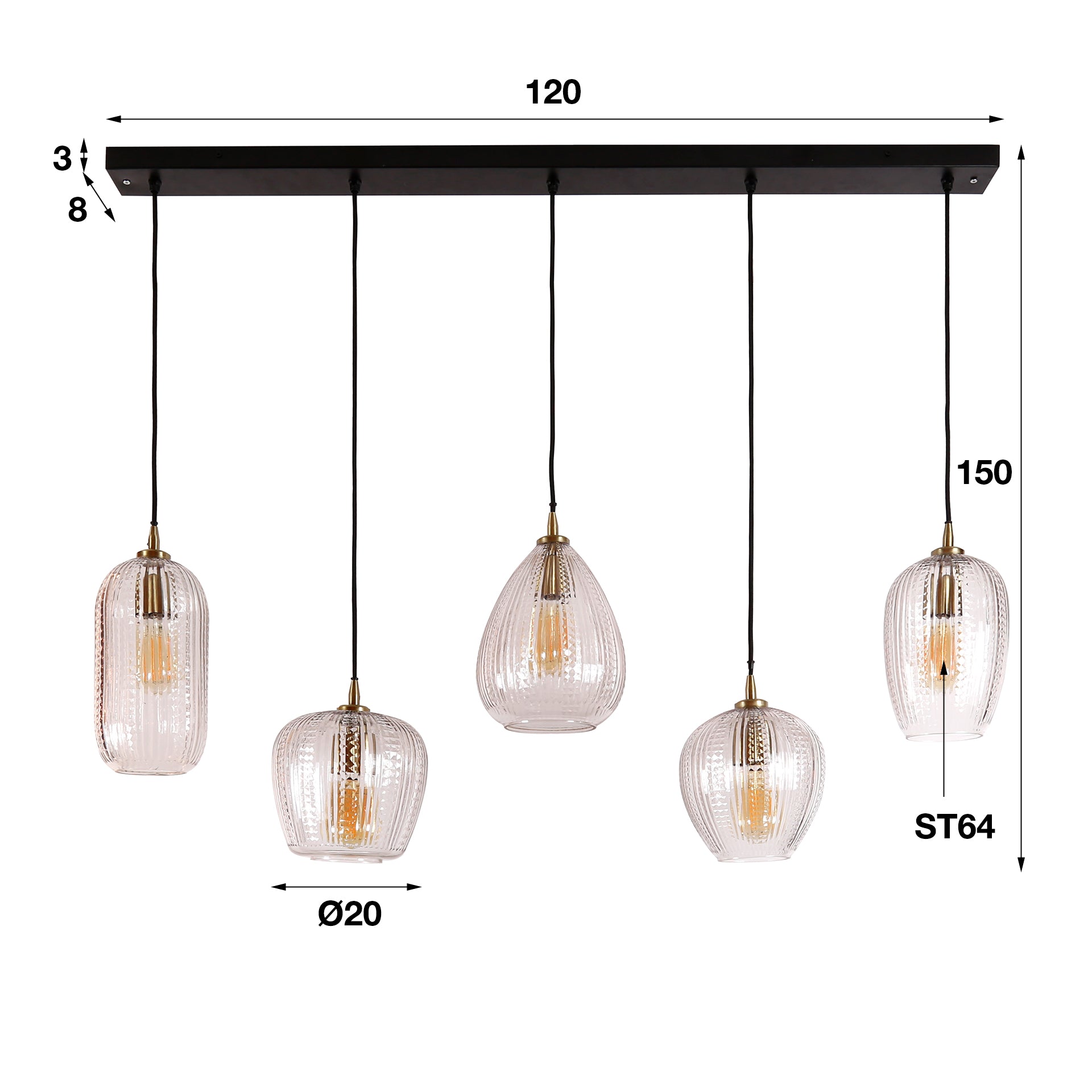 Suspension « Velutto » – en verre diamant fait main avec 5 lampes