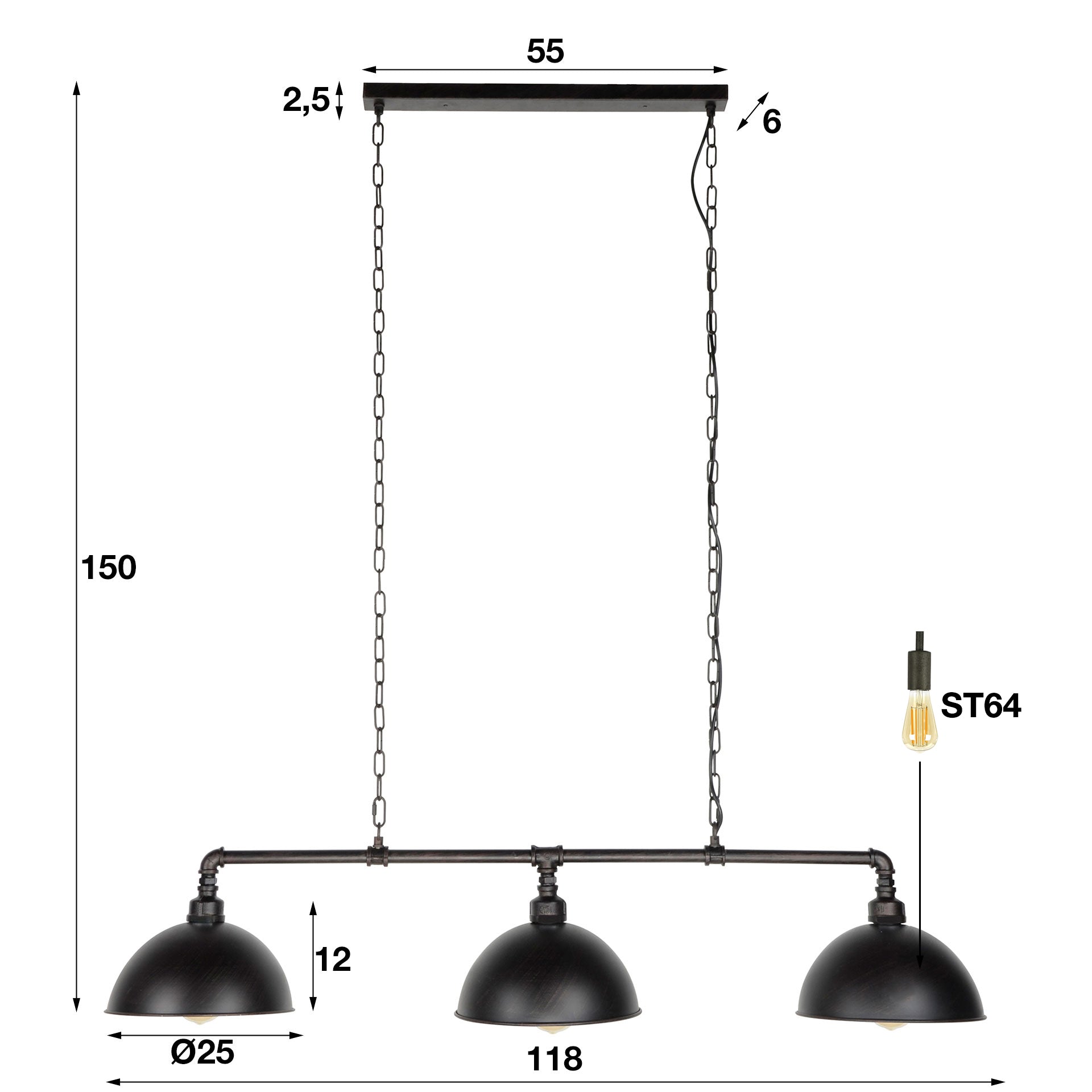 Suspension « Aurina » – design industriel avec suspension par chaîne et 3 lampes