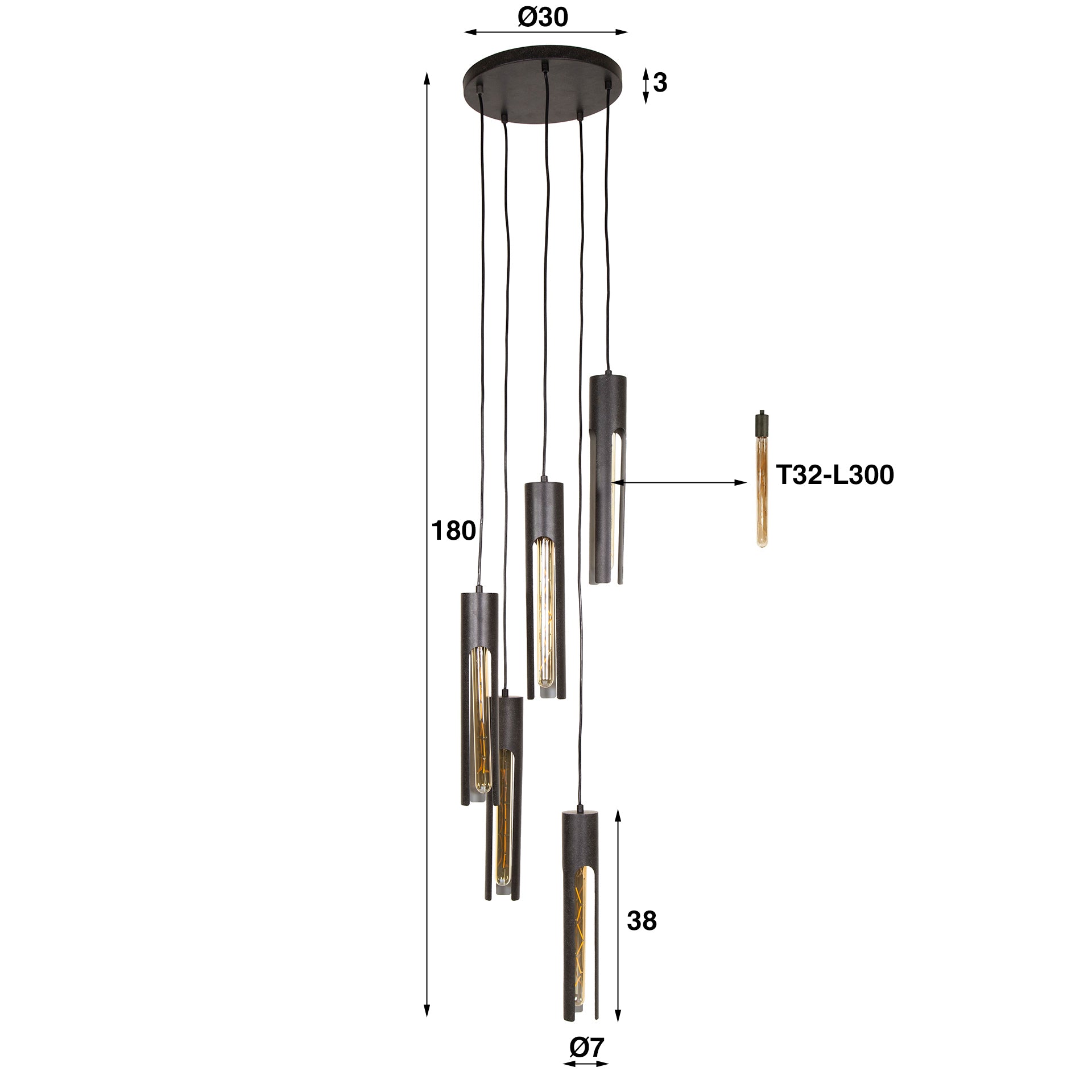 Suspension « Fenora » – à étages avec 5 lampes en design tube noir