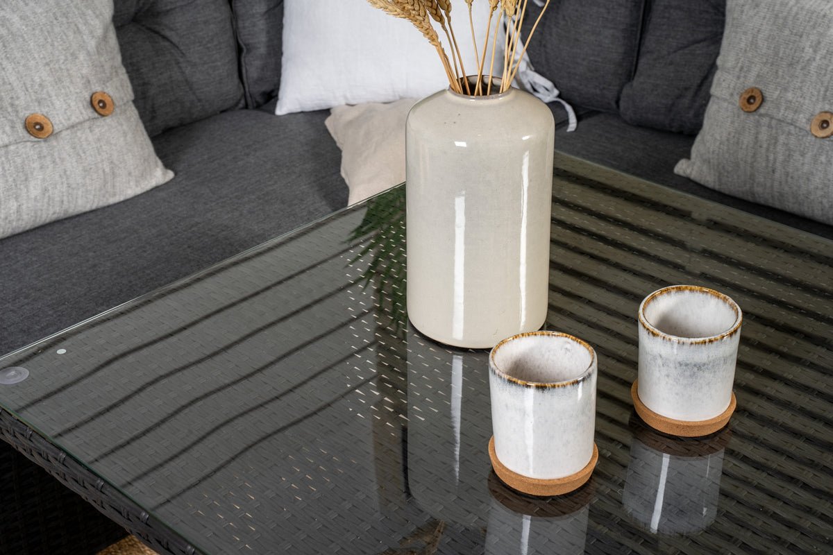 Ensemble lounge de jardin Olivia – avec canapé d'angle et table basse en verre en deux couleurs