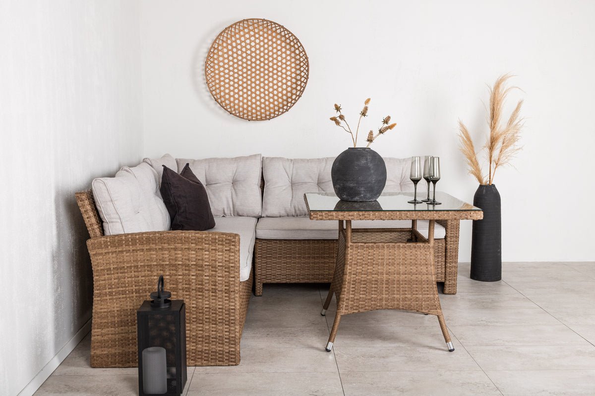 Ensemble lounge de jardin Olivia – avec canapé d'angle et table basse en verre en deux couleurs