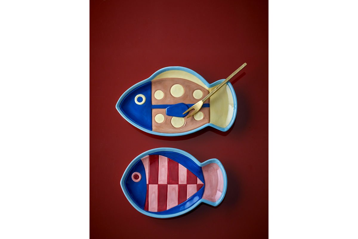 Assiette Marino – en grès, lot de 2 en forme de poisson avec relief peint à la main
