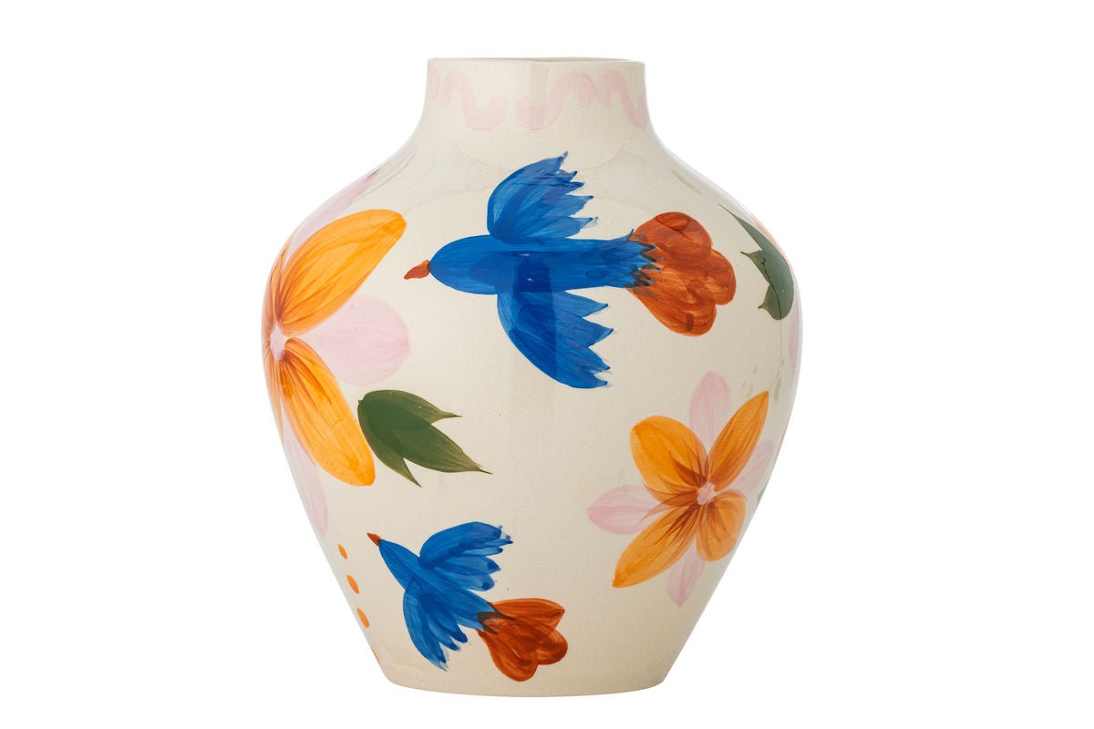 Vase Mariella – vase en grès peint à la main en couleurs avec motif d'oiseau