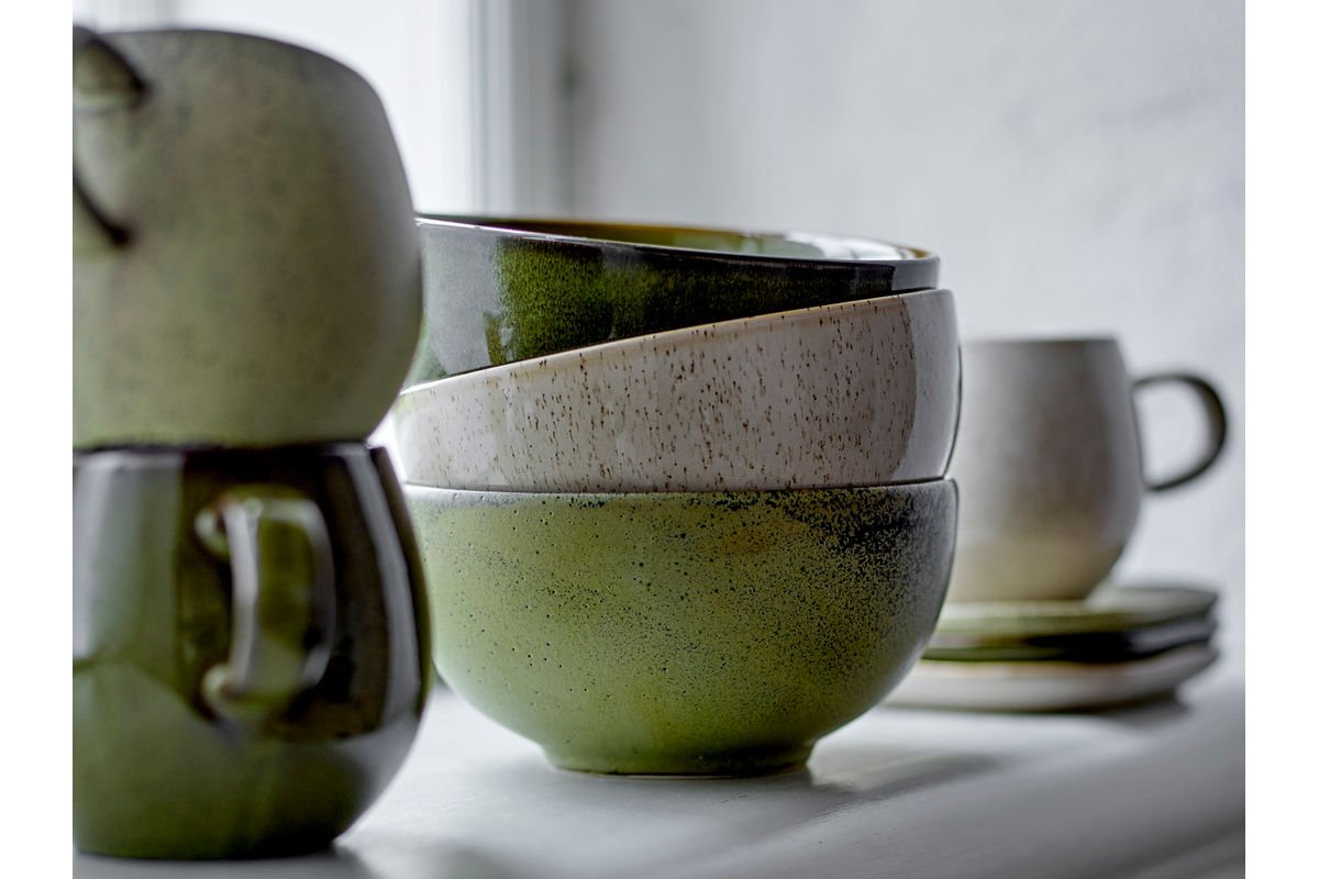 Bol Livia – en grès, lot de 3 en vert avec glaçure réactive