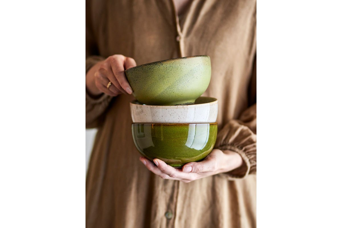 Bol Livia – en grès, lot de 3 en vert avec glaçure réactive