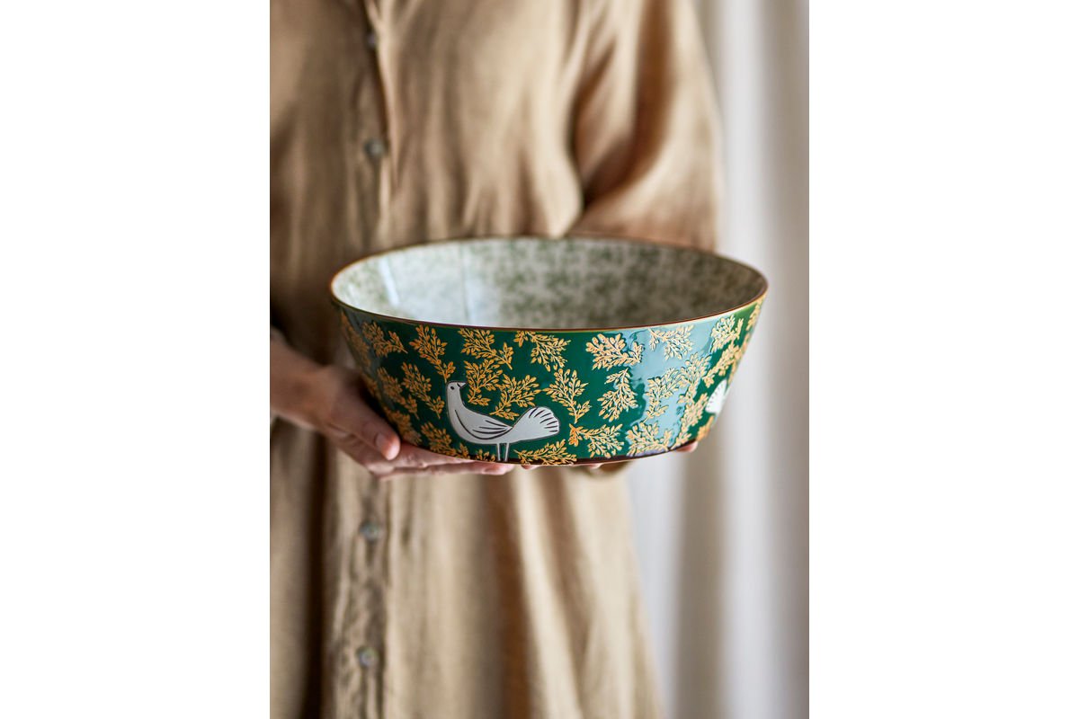 Bol Hania – bol en grès peint à la main en Vert avec motif d'oiseau