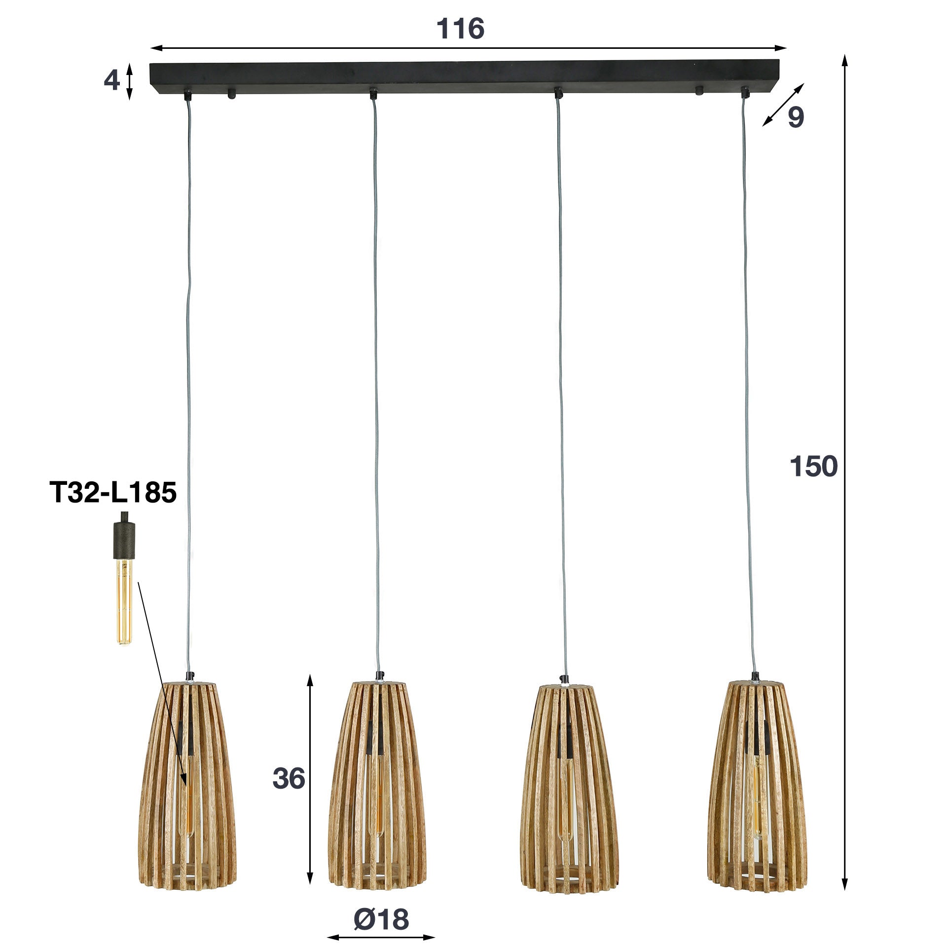 Suspension « Orenda » – 4 lampes avec abat-jours en bois de manguier