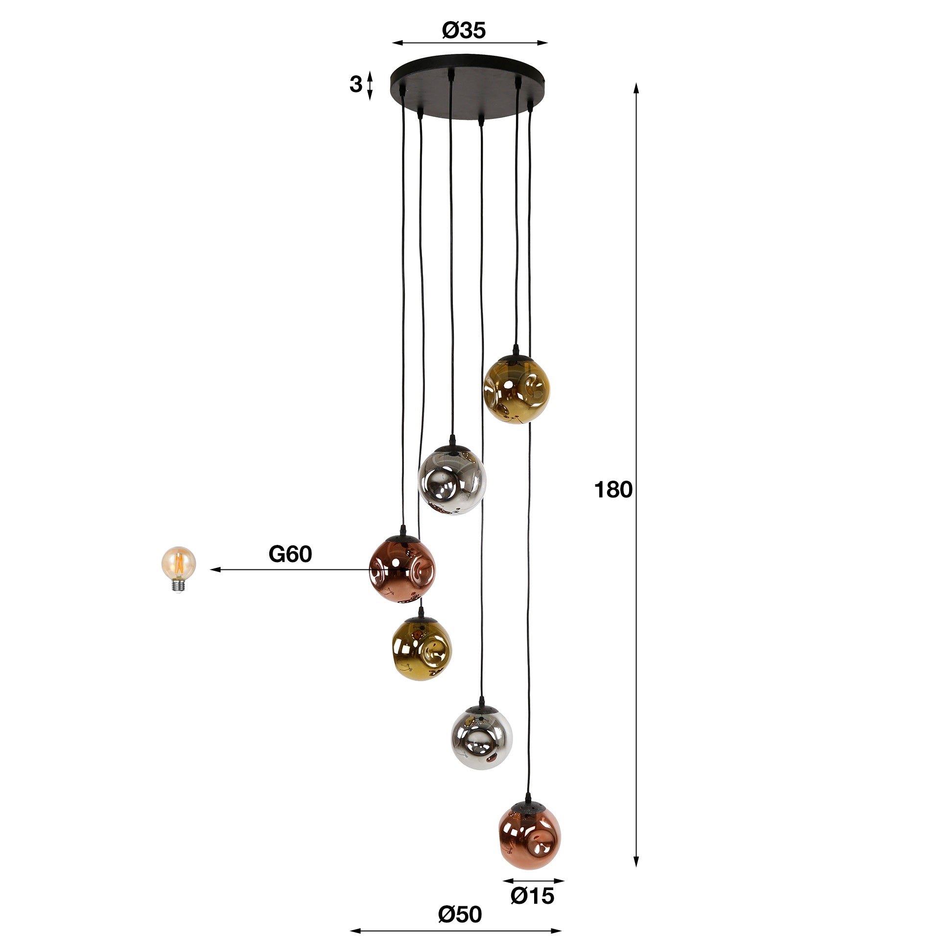 Suspension « Seraphis » – 6 lampes en gradins dans la combinaison de couleurs métal or, cuivre et chrome