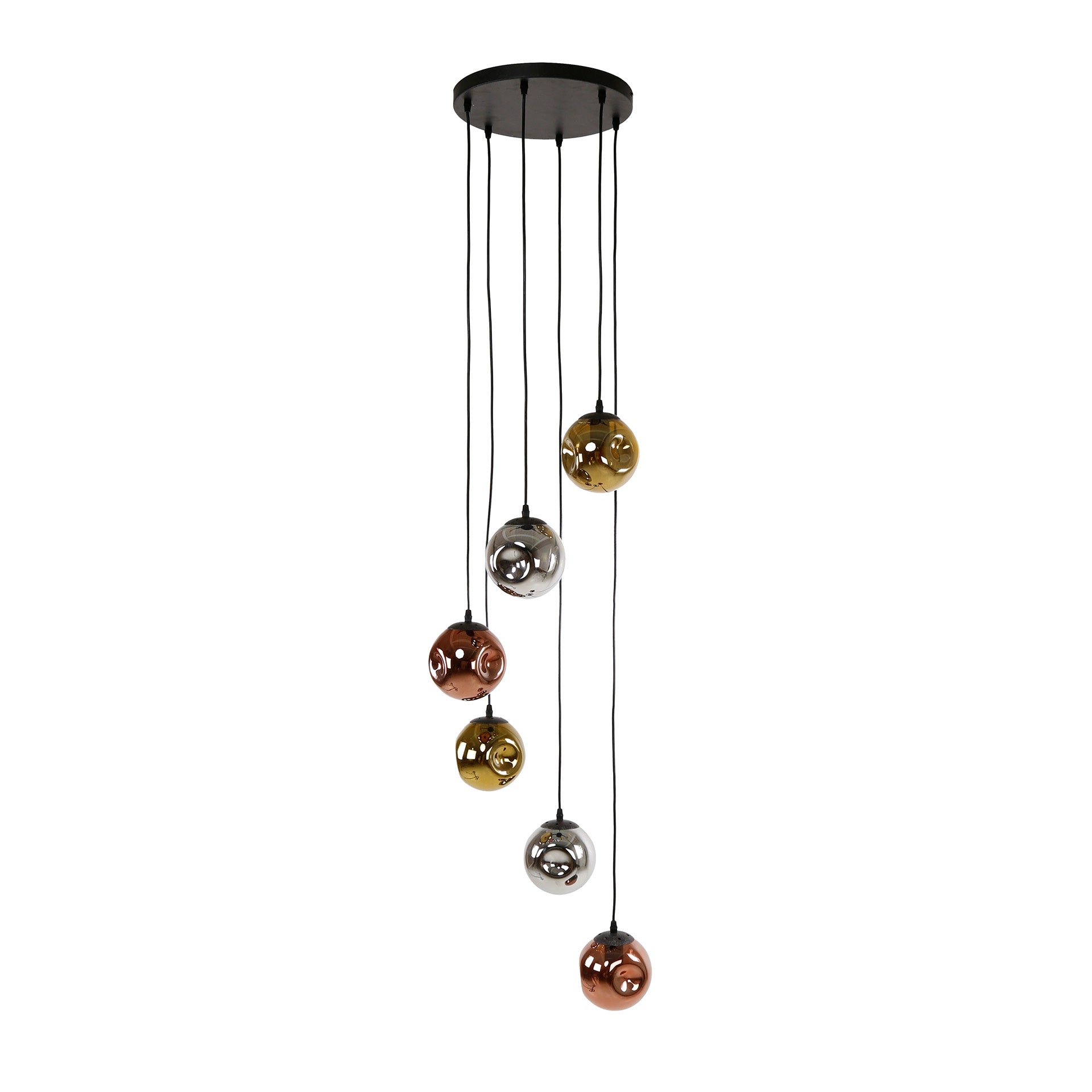 Suspension « Seraphis » – 6 lampes en gradins dans la combinaison de couleurs métal or, cuivre et chrome