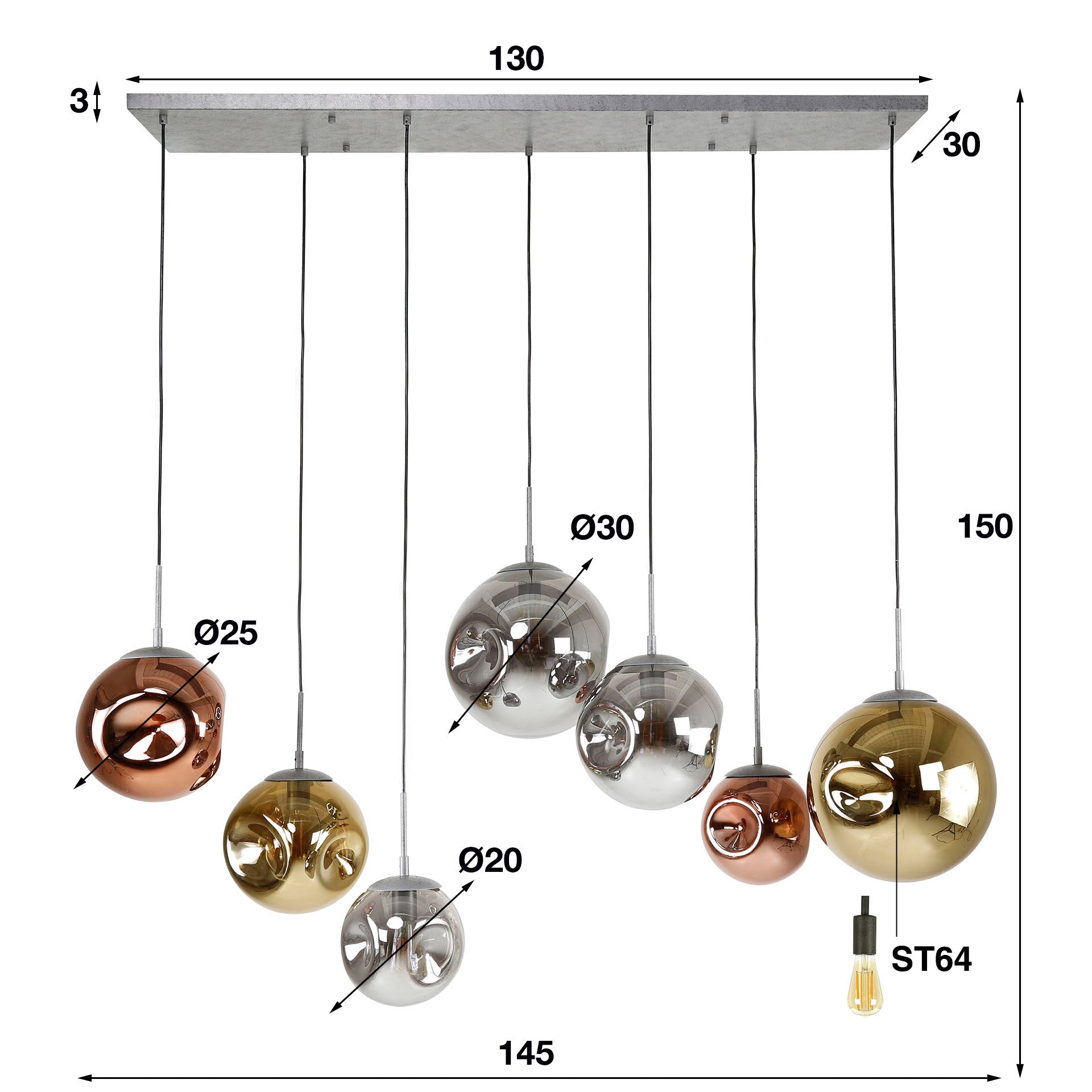Pendelleuchte "Althea“ –  7 Leuchten in der Metall-Farbkombination Gold, Kupfer und Chrom