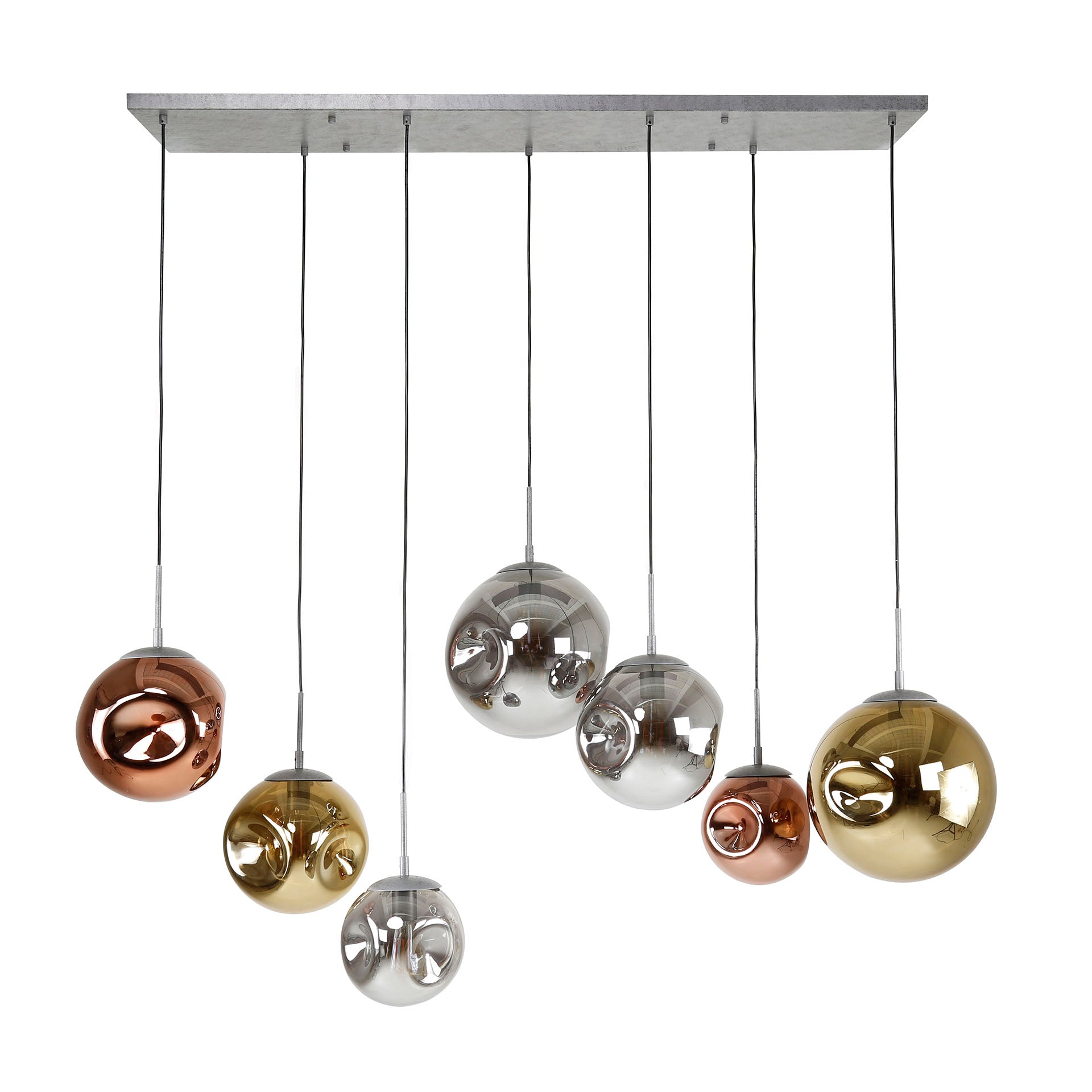 Pendelleuchte "Althea“ –  7 Leuchten in der Metall-Farbkombination Gold, Kupfer und Chrom