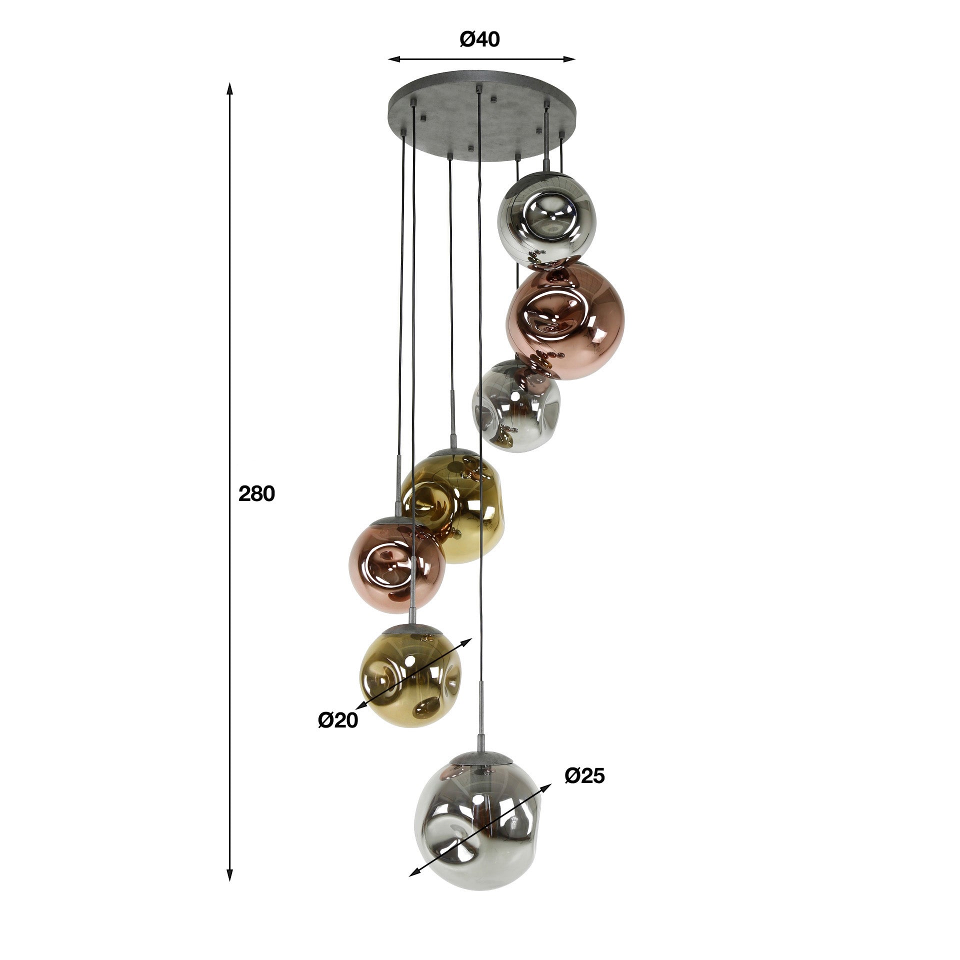 Suspension « Elaris » – 7 lampes graduées en combinaison de couleurs métal or, cuivre et chrome