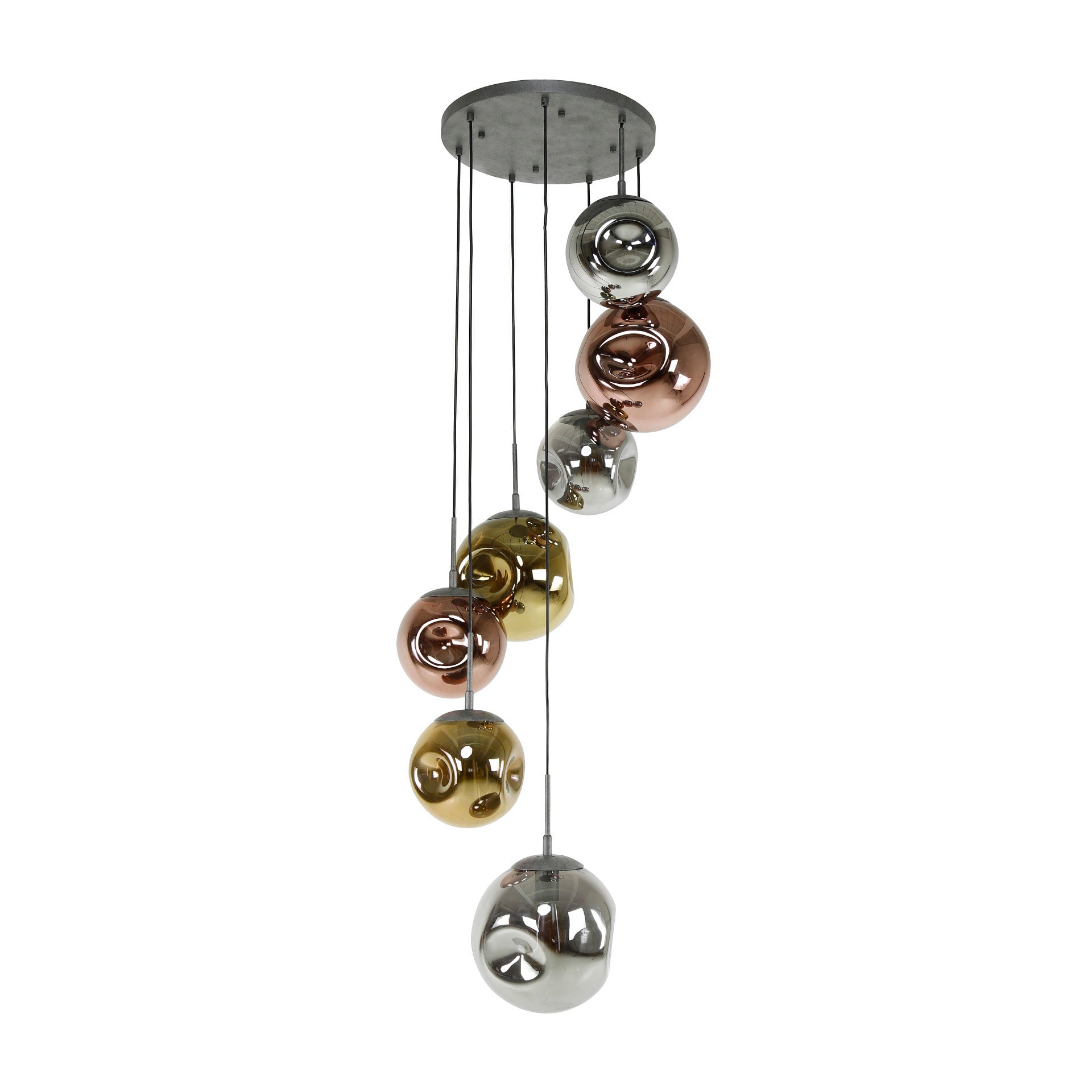Suspension « Elaris » – 7 lampes graduées en combinaison de couleurs métal or, cuivre et chrome