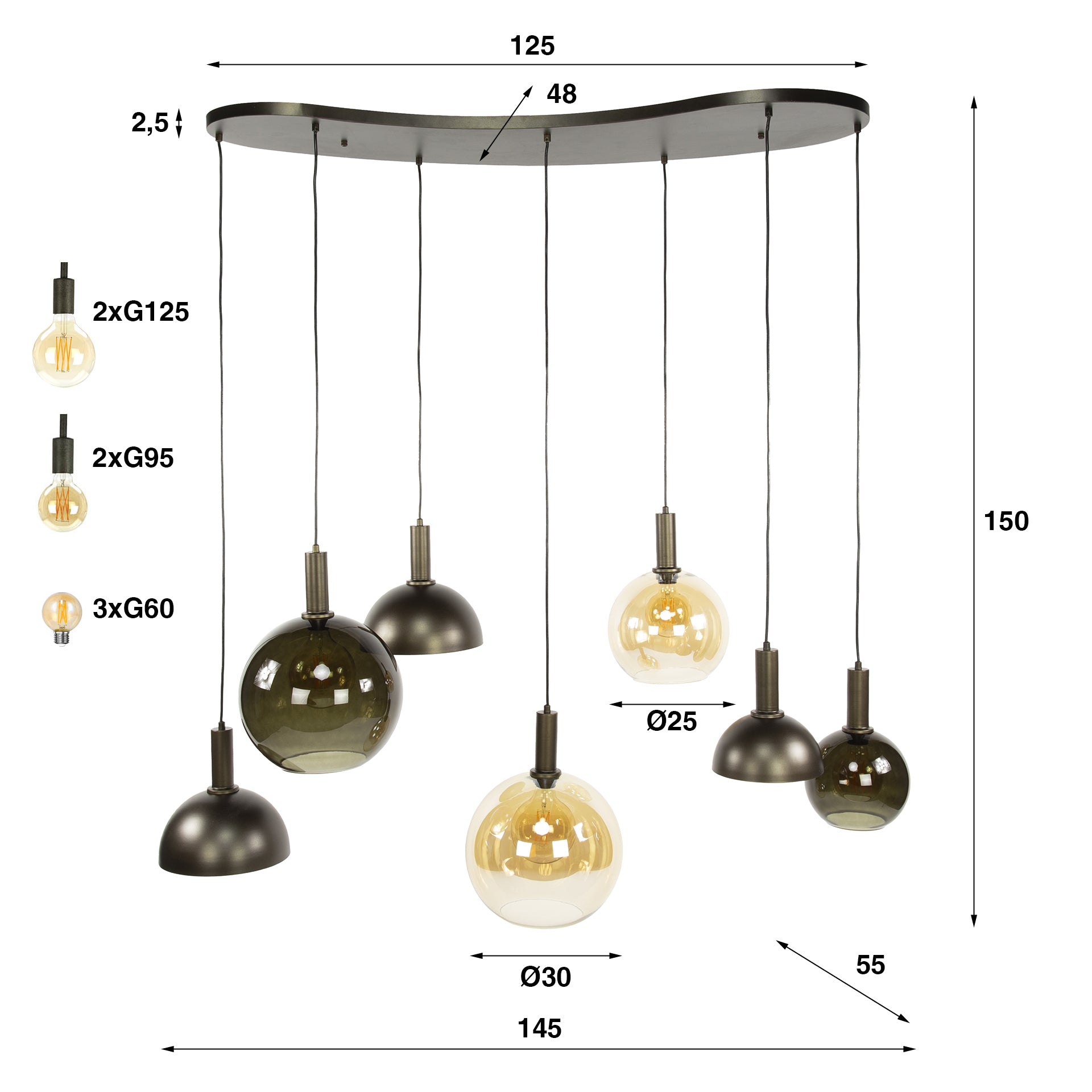 Suspension Caldera – Design organique en grappe couleur brun Sienne (7 flammes)