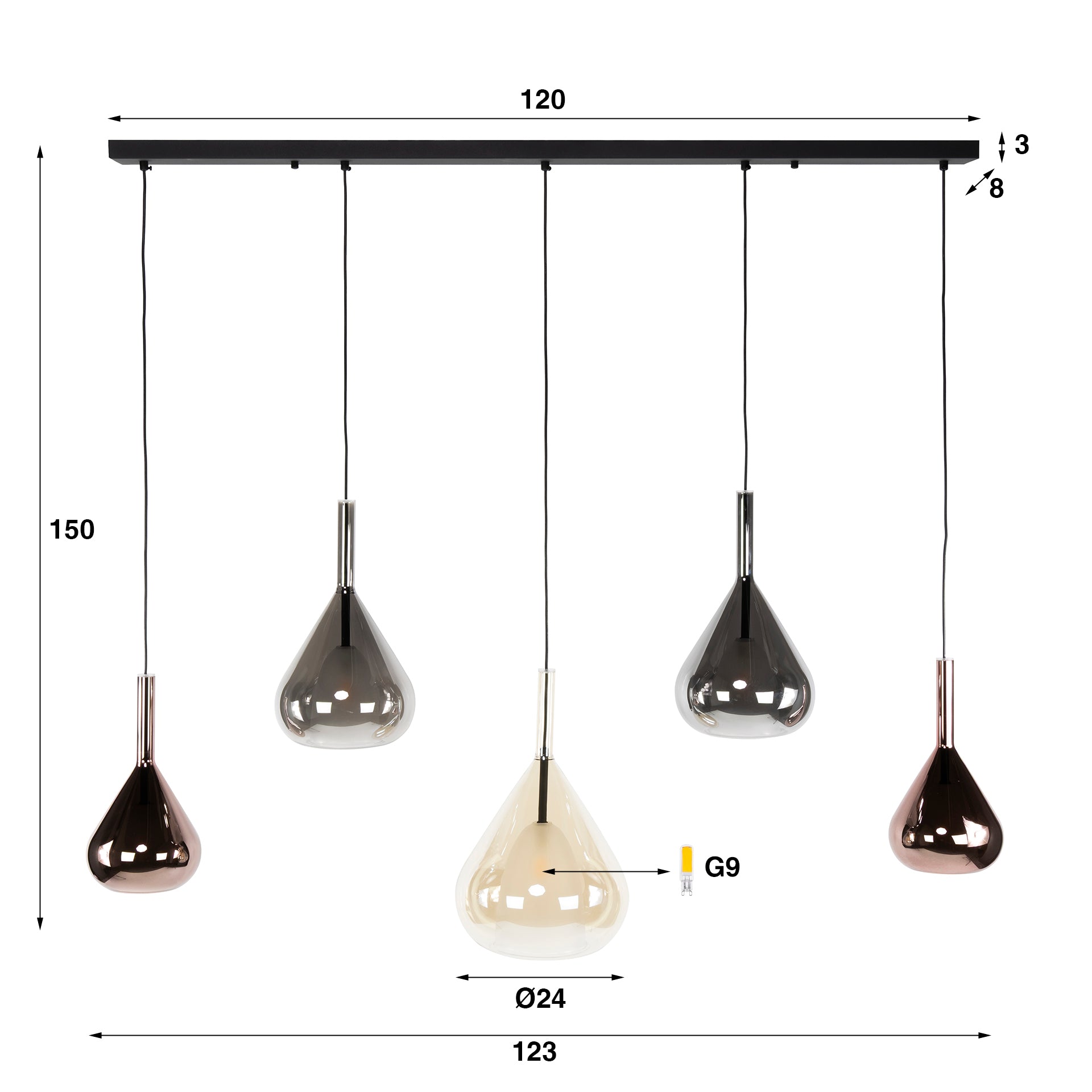 Suspension "Lysandra" – 5 abat-jours en verre en forme de goutte en ambre, cuivre et chrome