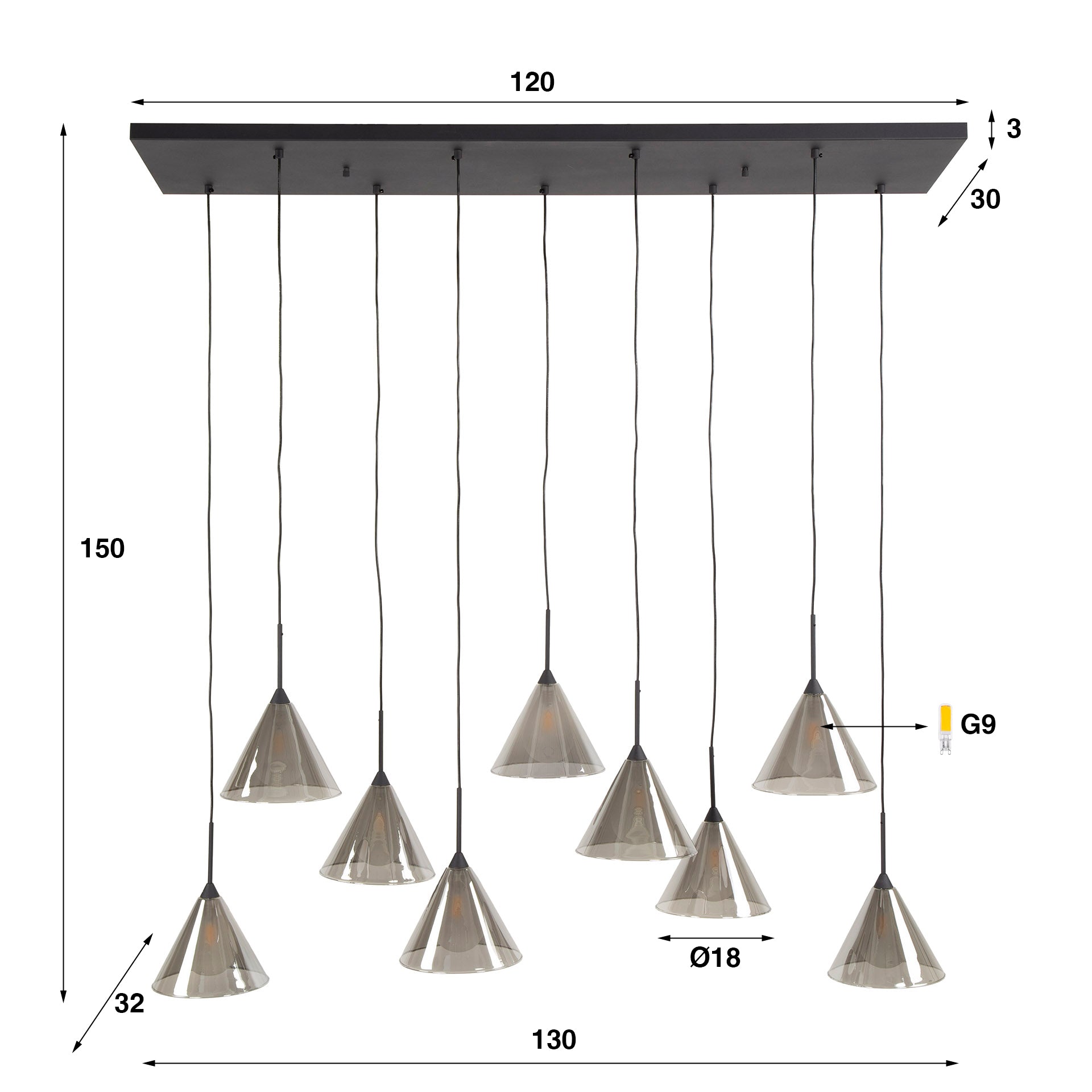 Pendelleuchte „Elunara“ –  Mit 9 Leuchten in konischem Rauchglas und 150cm höhenverstellbar