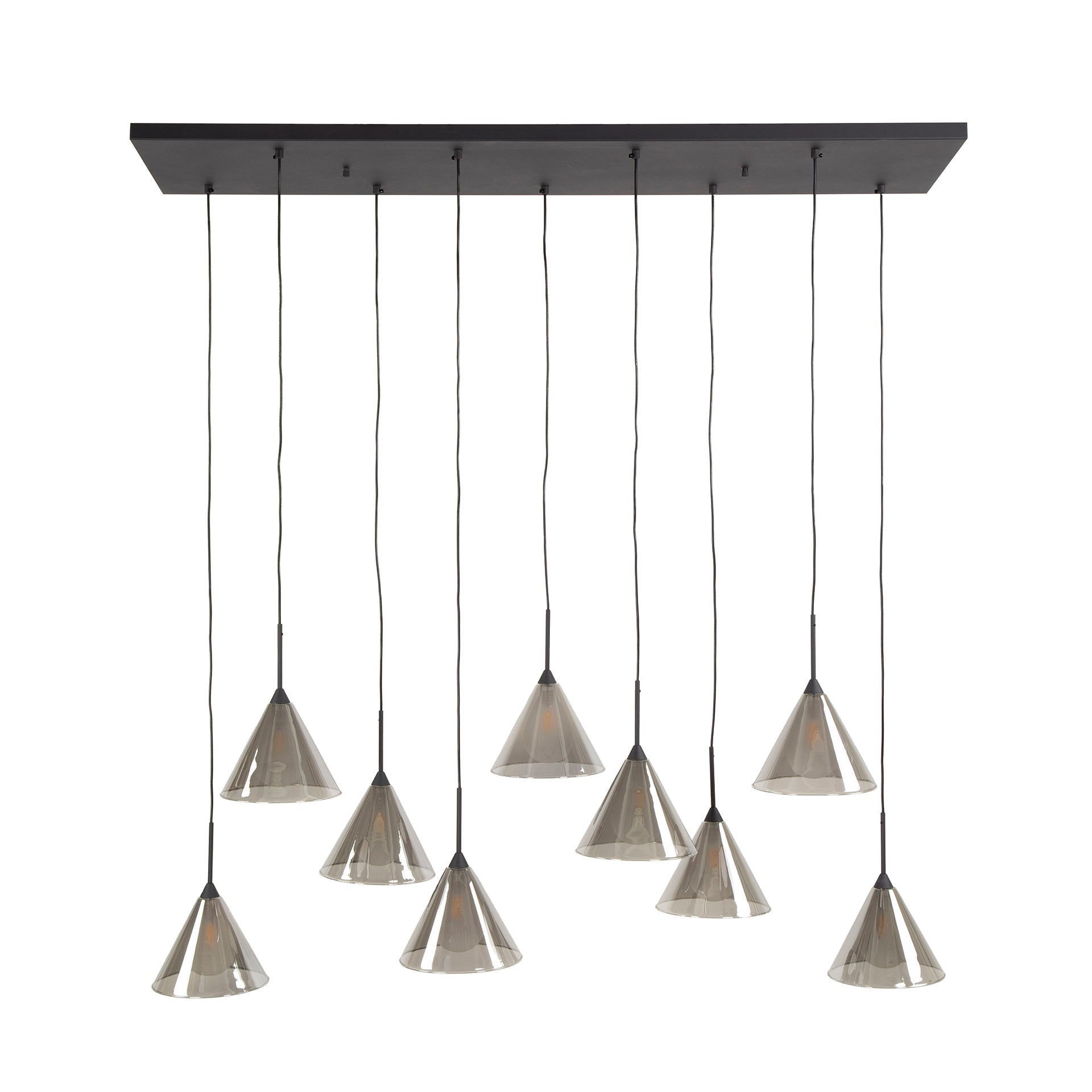 Pendelleuchte „Elunara“ –  Mit 9 Leuchten in konischem Rauchglas und 150cm höhenverstellbar