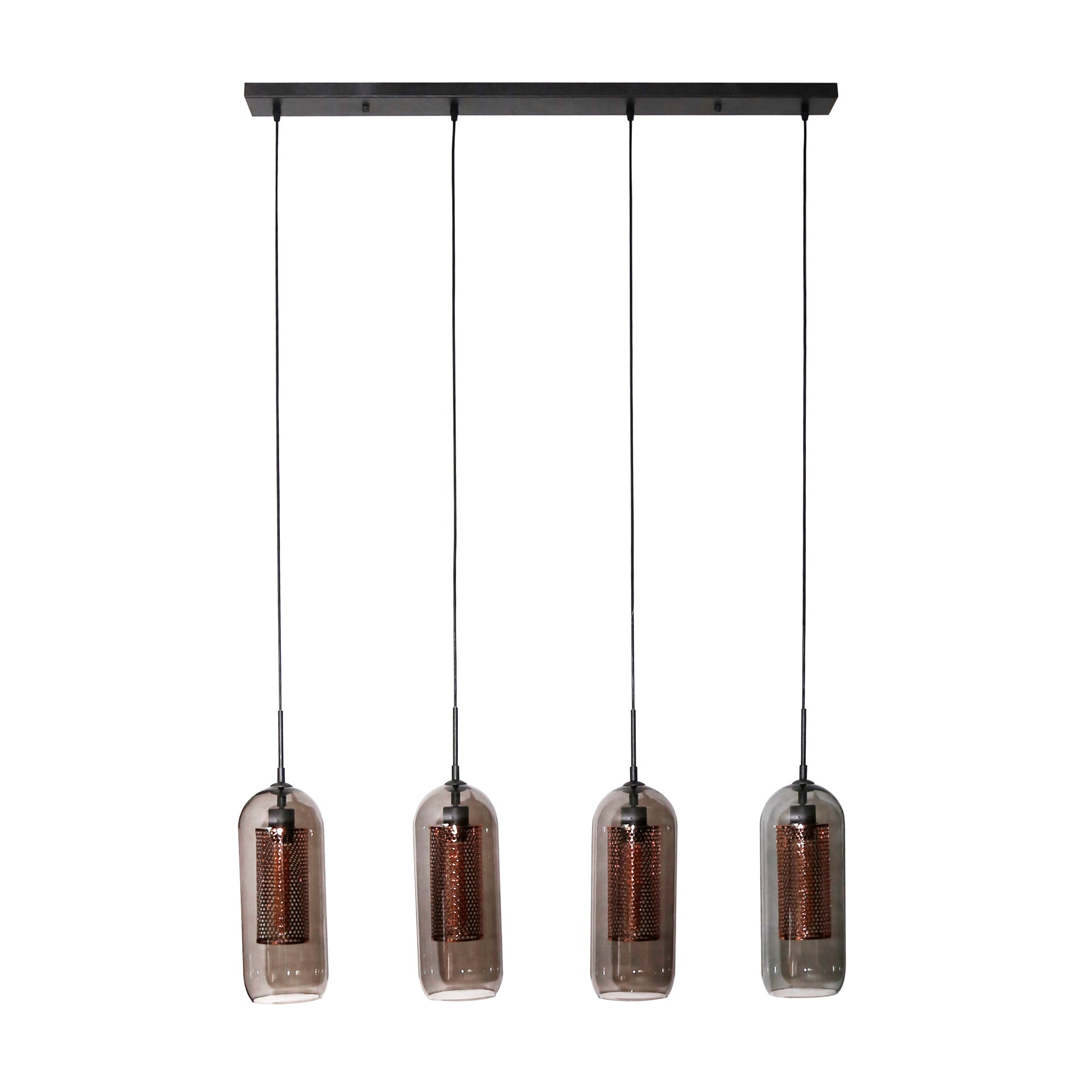 Suspension « Rivella » – Avec 4 lampes en verre fumé à mailles, design avec abat-jours cylindriques en treillis de cuivre