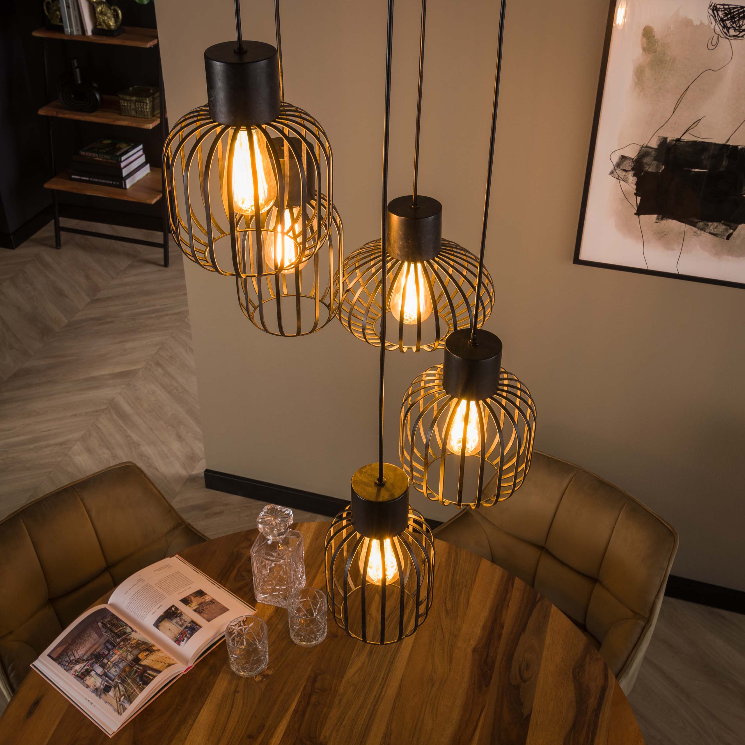 Suspension « Valeris » – Étagée avec 5 lampes en treillis métallique anthracite