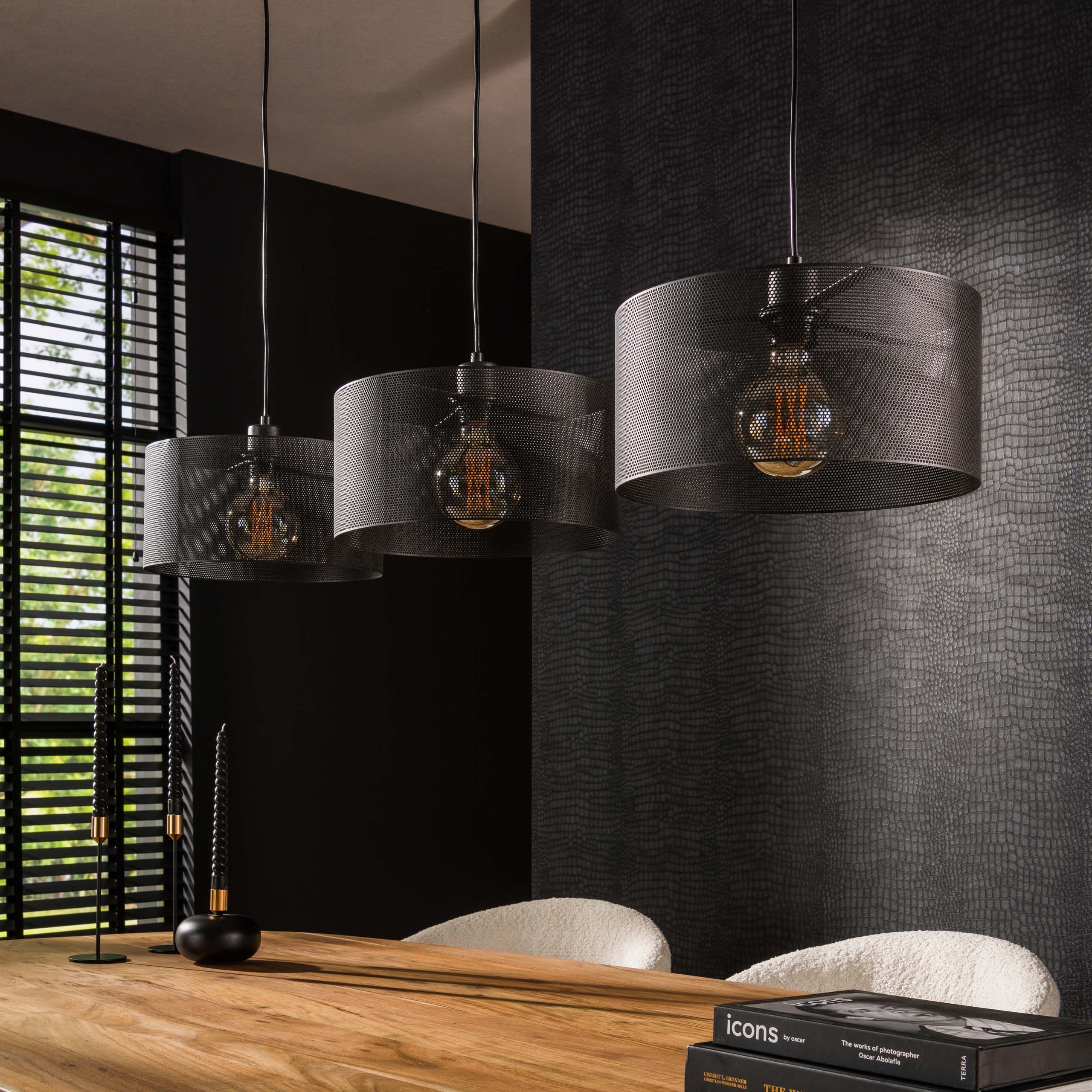 Suspension « Doralyn » – Avec 3 lampes et abat-jours cylindriques au design en treillis métallique