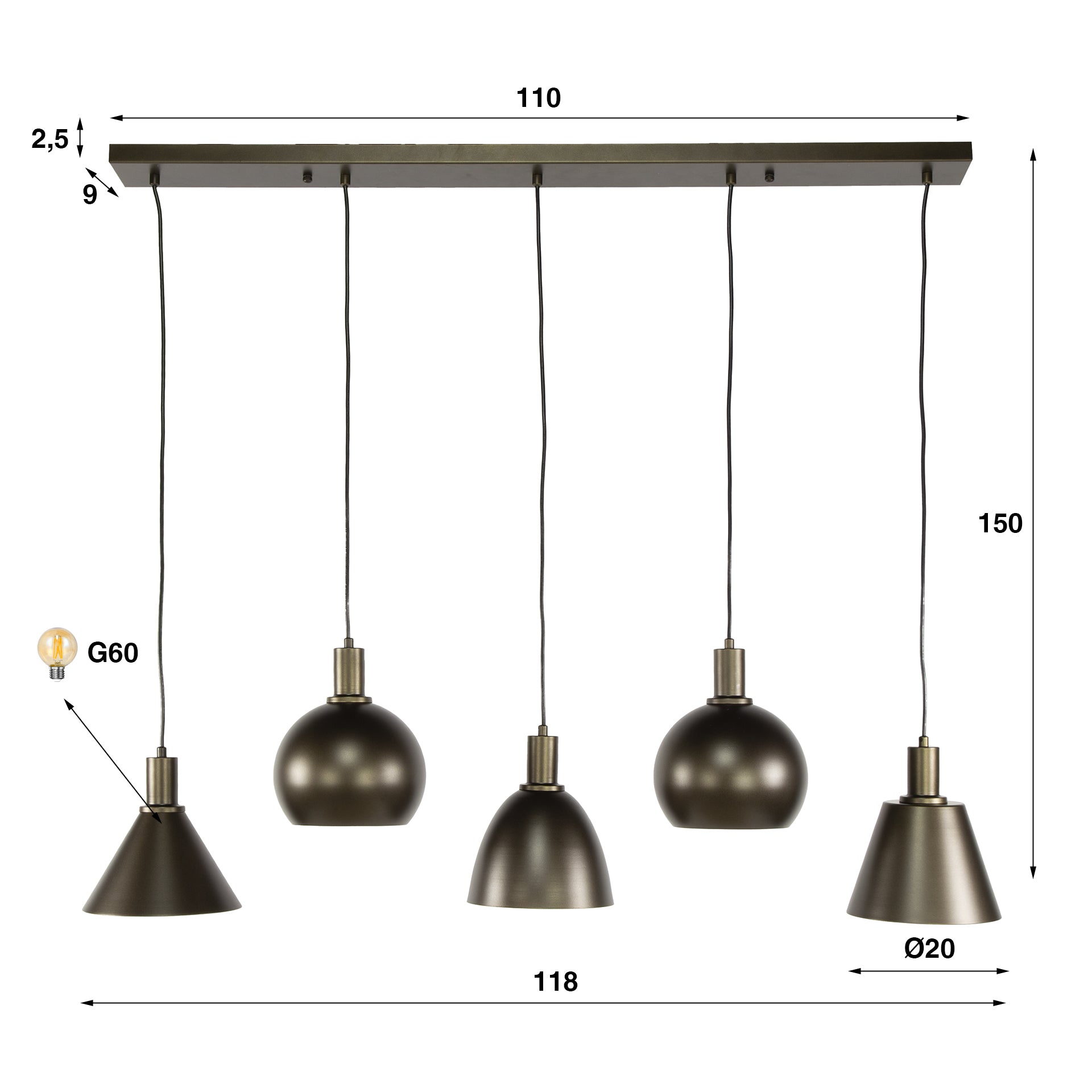 Pendelleuchte "Lumiselle“ – 5 Leuchten aus Metall in unterschiedlichen Formen in Beige oder Bronze