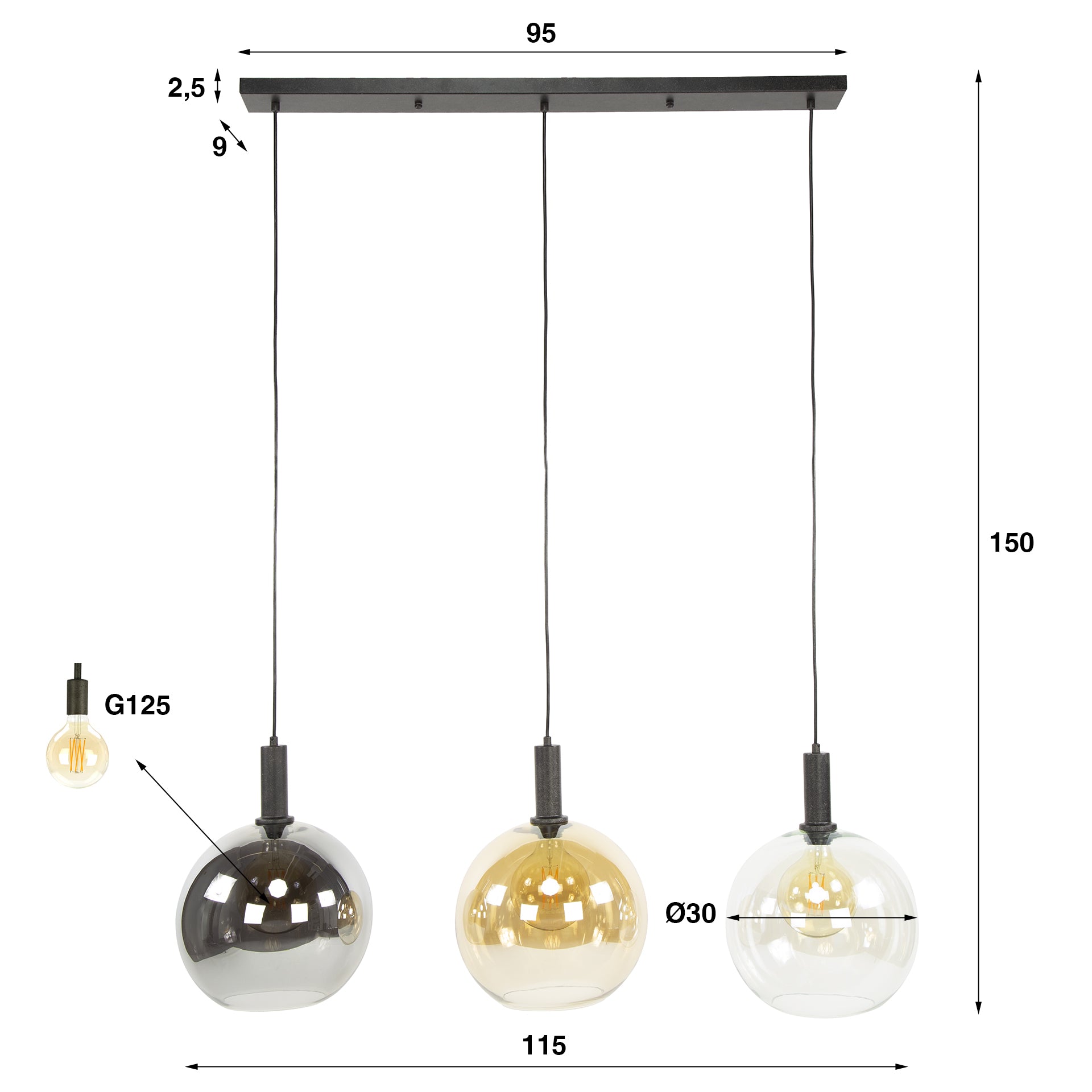 Suspension "Seralis" – 3 abat-jours en verre chromé, ambre et transparent avec armature en Métal