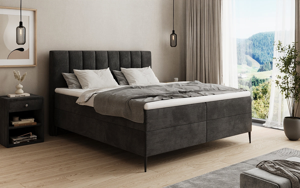 Lit boxspring Lucca en Côtelé avec rangement et pieds