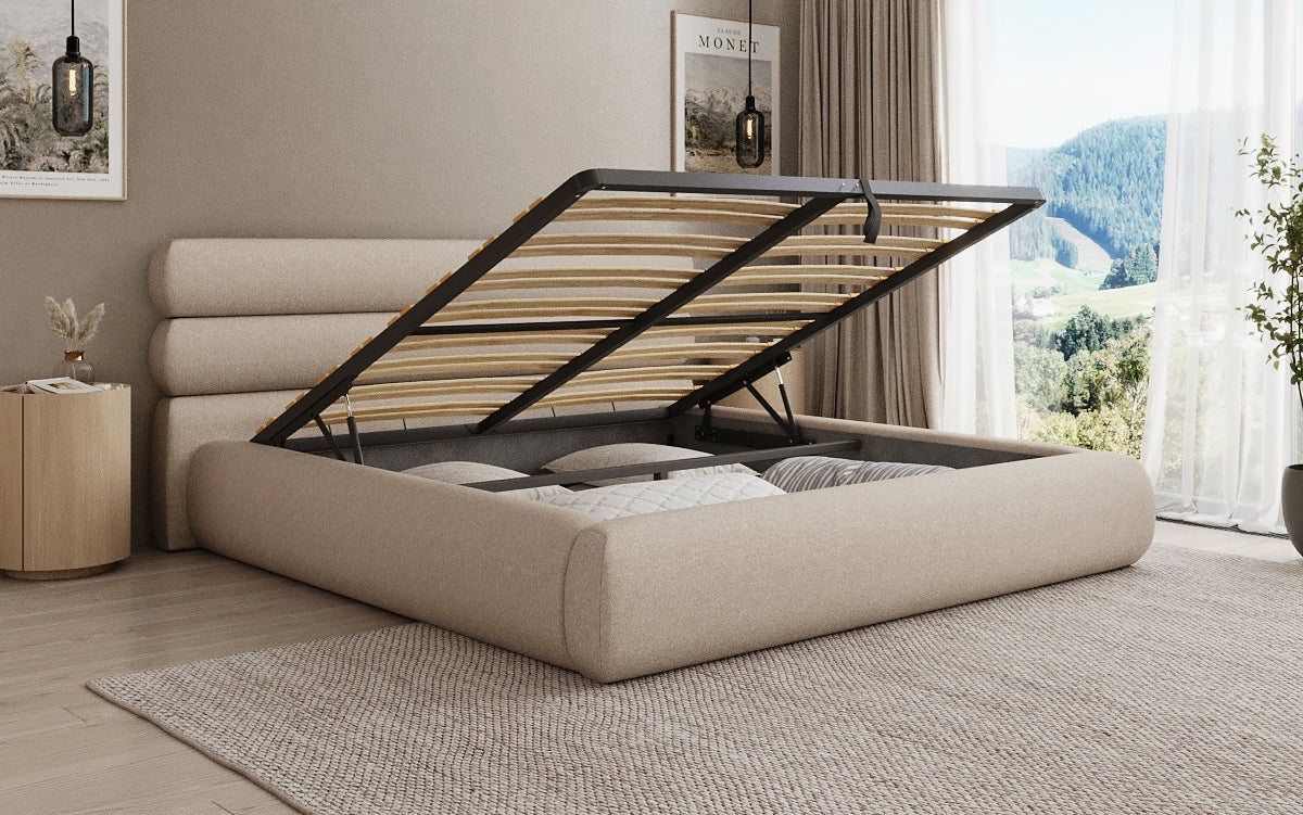 Lit rembourré design Joline en tissu structuré avec espace de rangement