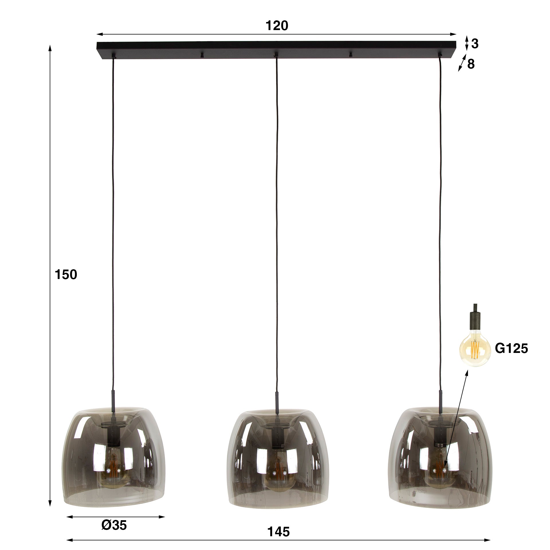 Suspension « Cirella » – 3 lampes avec grands abat-jours en verre chromé