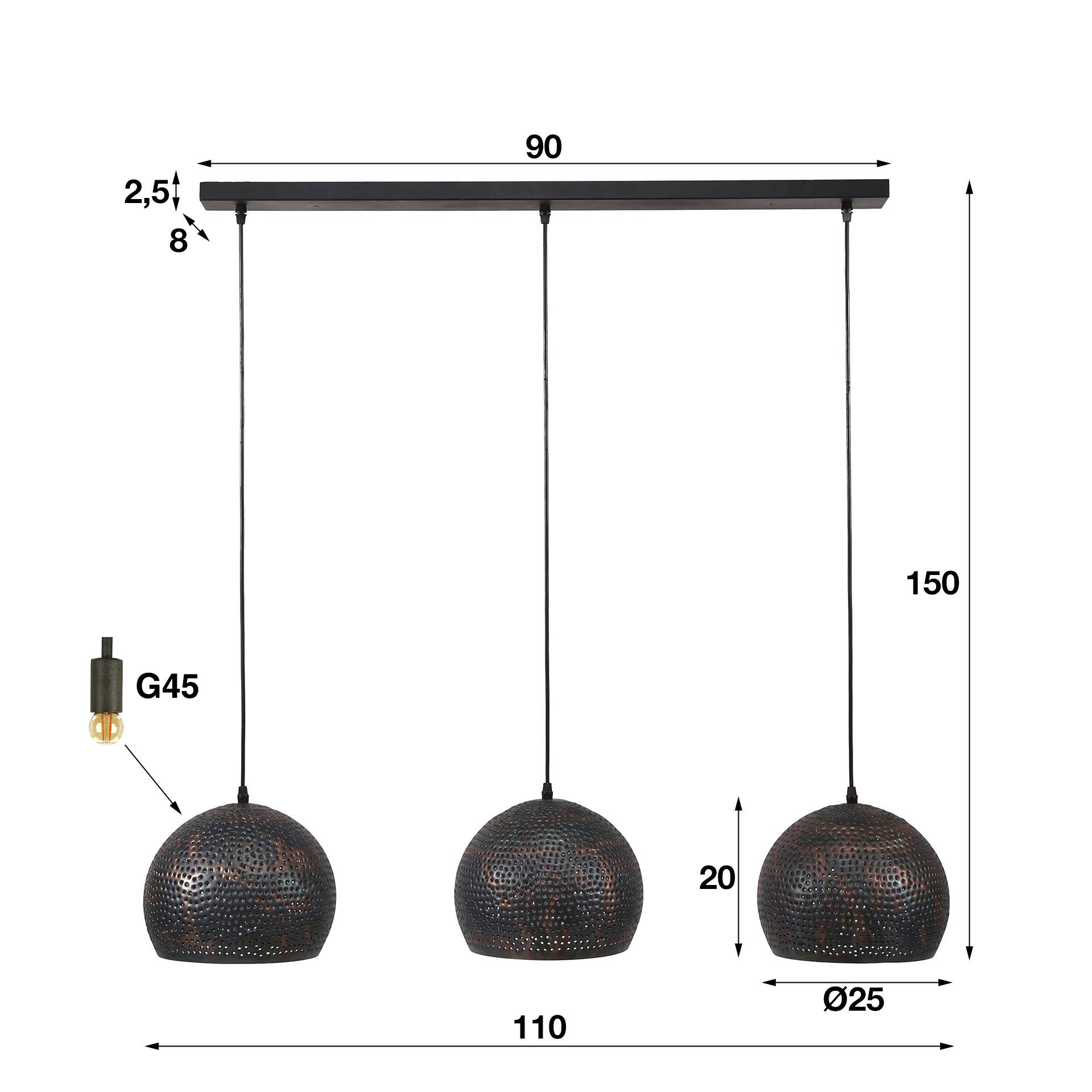 Suspension "Veloria" – Avec 3 abat-jours sphériques perforés en métal noir bronze