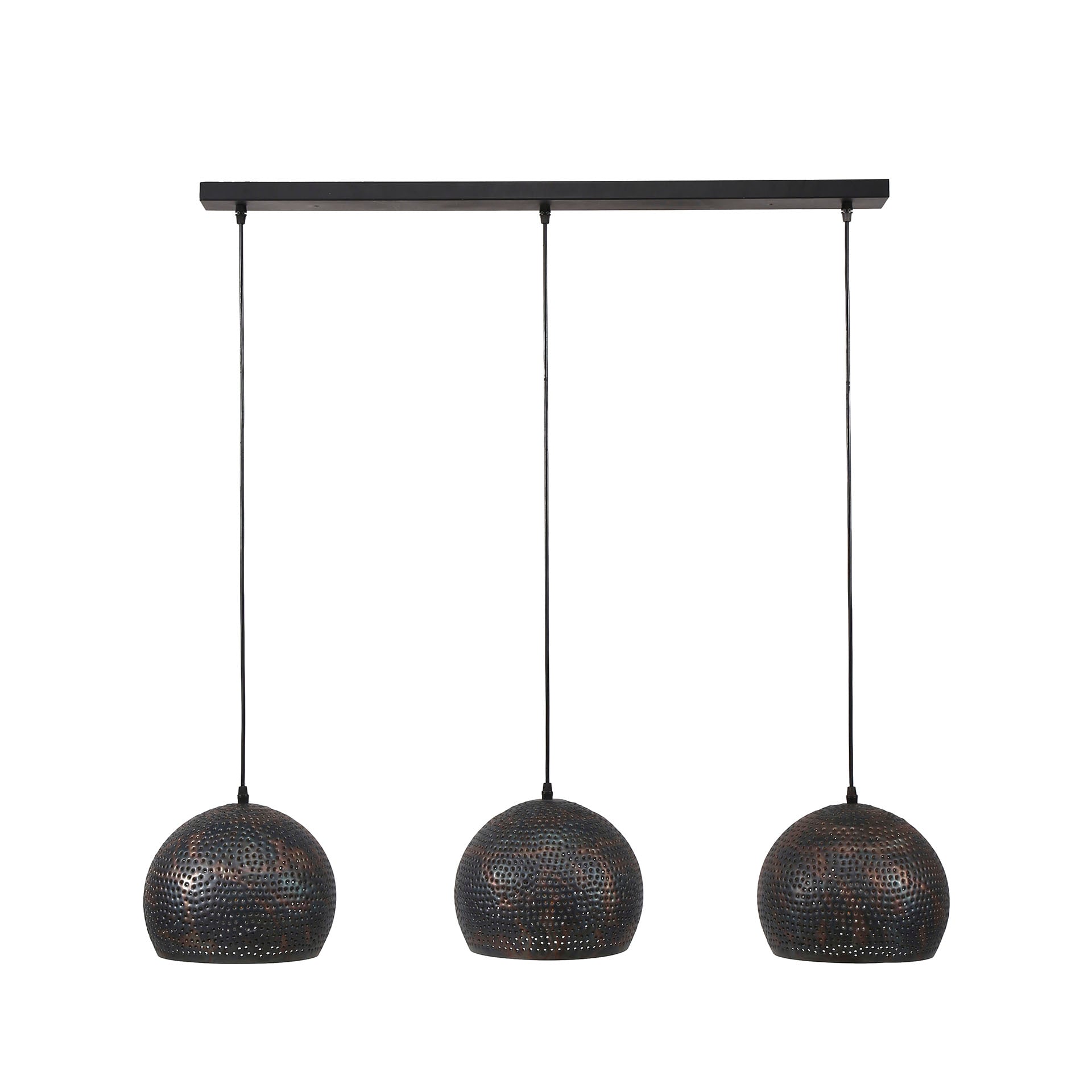 Suspension "Veloria" – Avec 3 abat-jours sphériques perforés en métal noir bronze