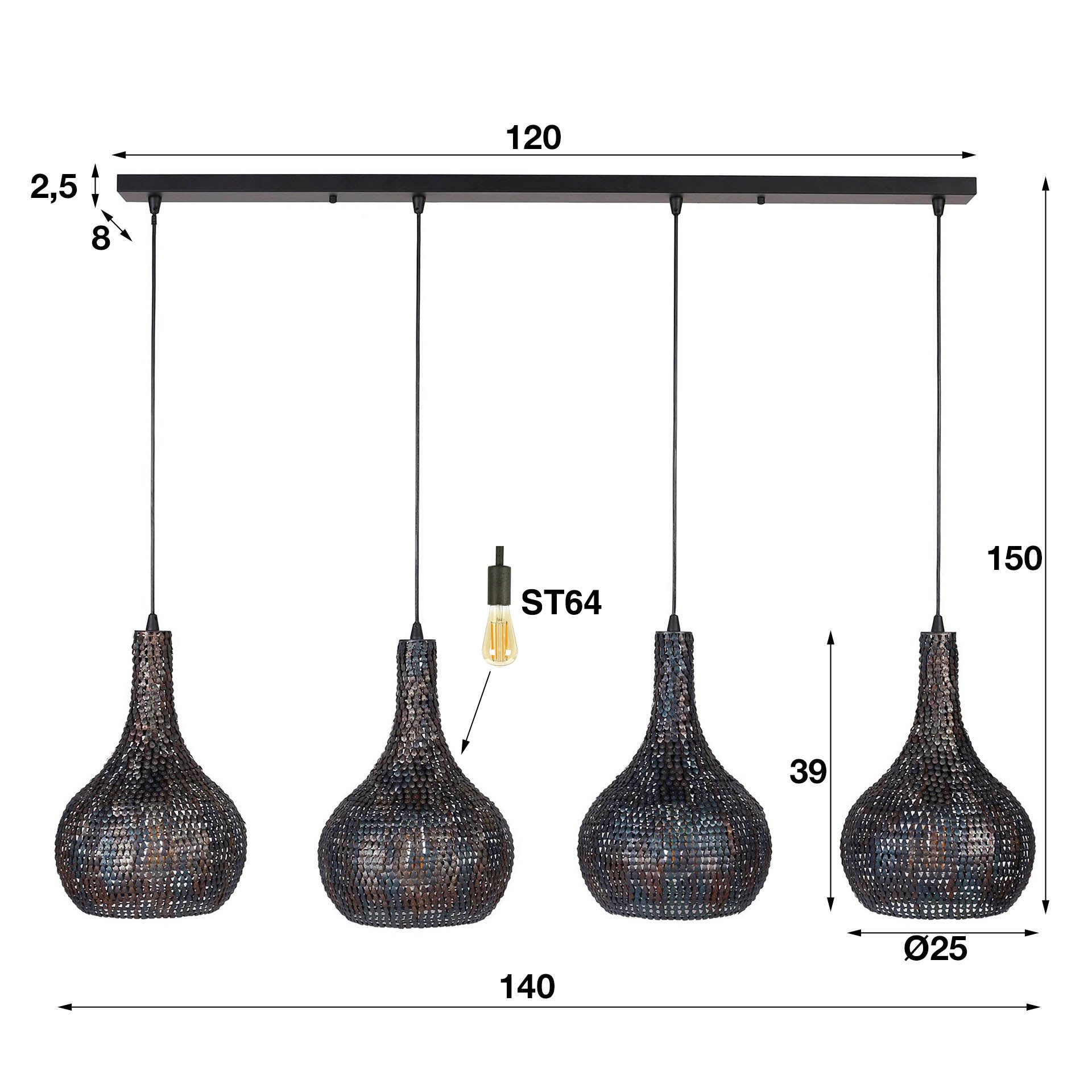 Suspension "Elviro" – Avec 4 abat-jours coniques artisanaux en Métal noir bronze