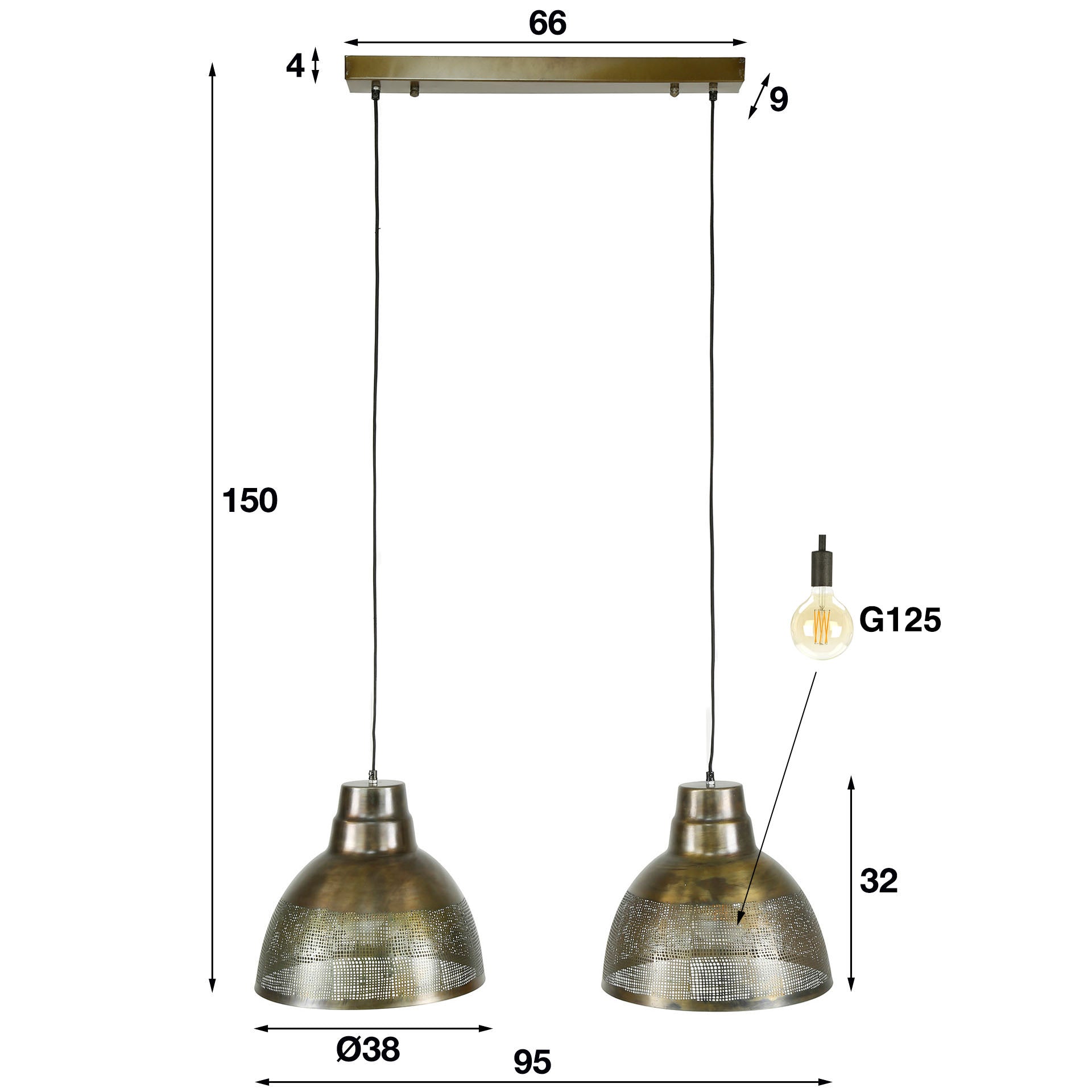 Suspension "Armonis" – Avec 2 abat-jours perforés à la main en métal finition bronze antique