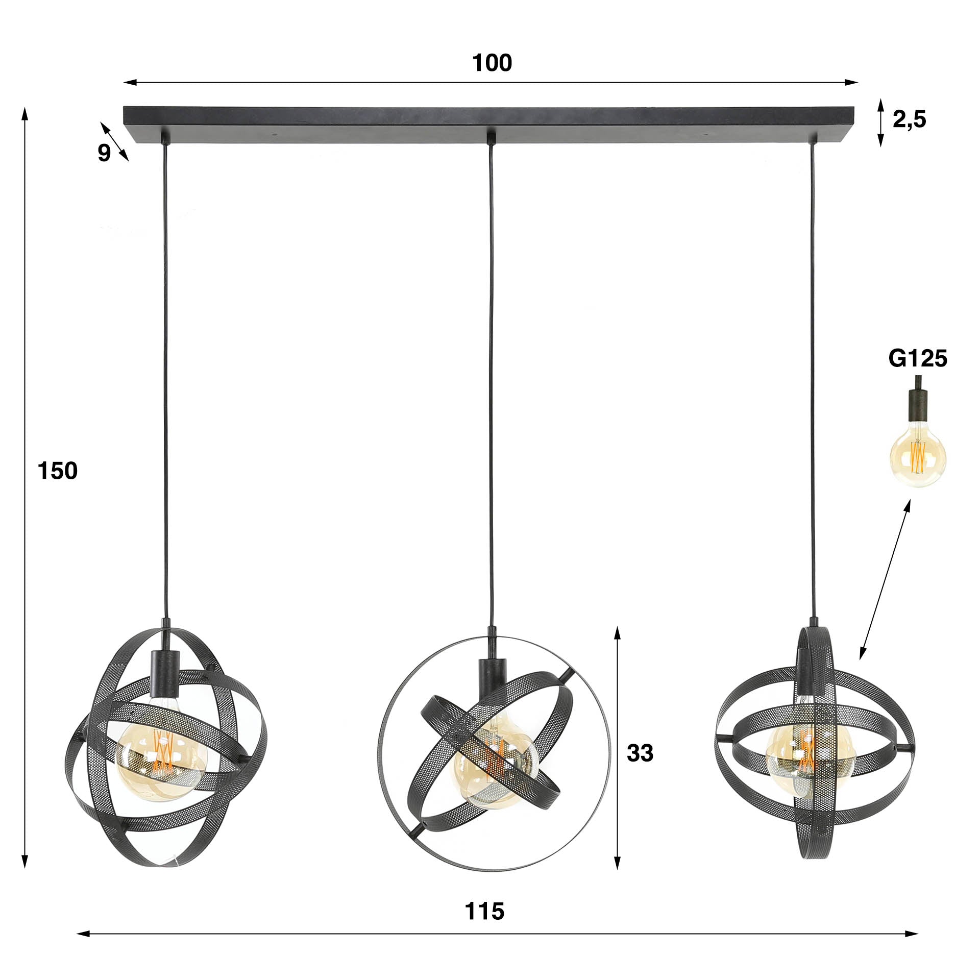 Suspension Astryx – Design d'anneau pivotant en noir (3 flammes)