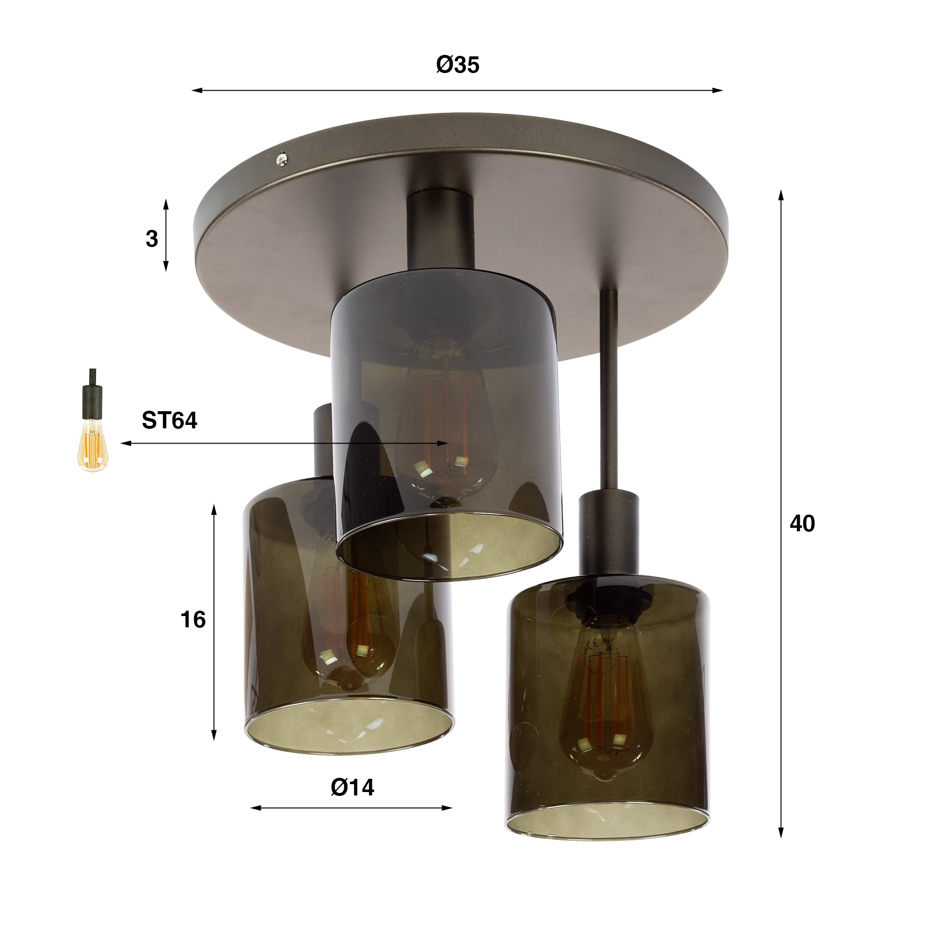 Plafonnier « Seravo » – Luminaire en métal marron avec abat-jours en verre
