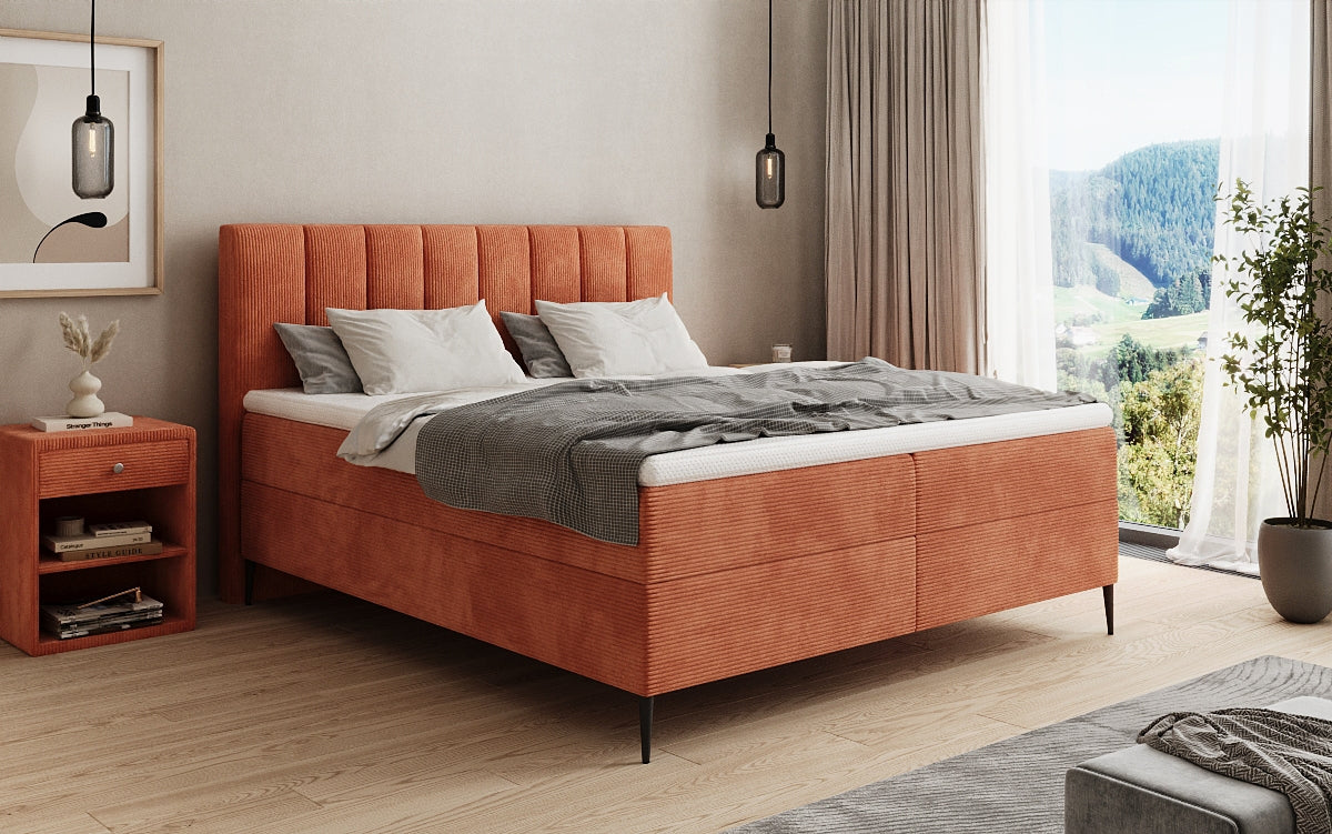 Lit boxspring Lucca en Côtelé avec rangement et pieds