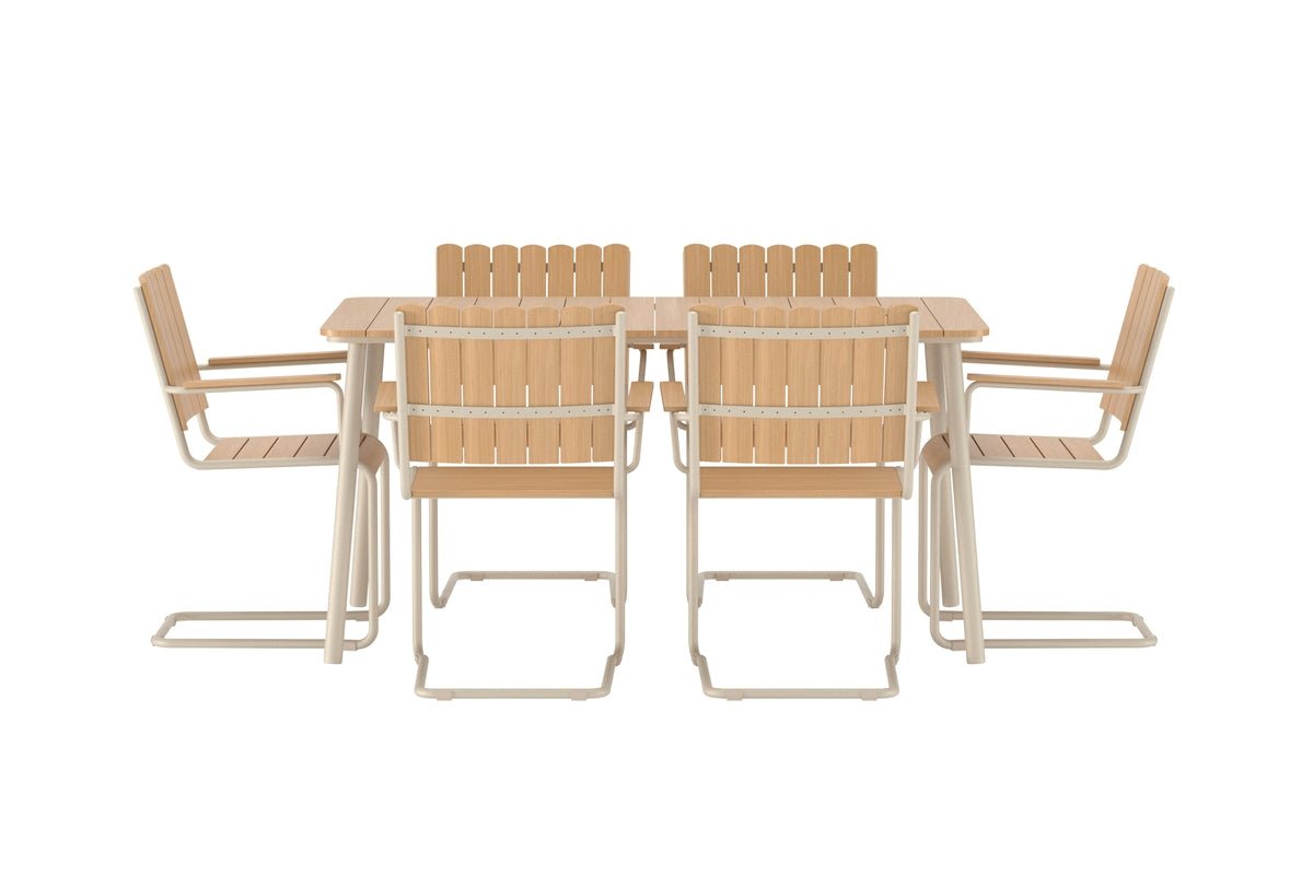 Ensemble repas de jardin Moraya – ensemble 7 pièces en acier/polywood en 2 couleurs