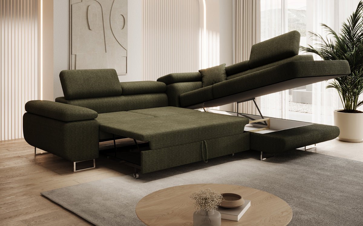 Designer Aston sofa with sleeping and folding function made of bouclé