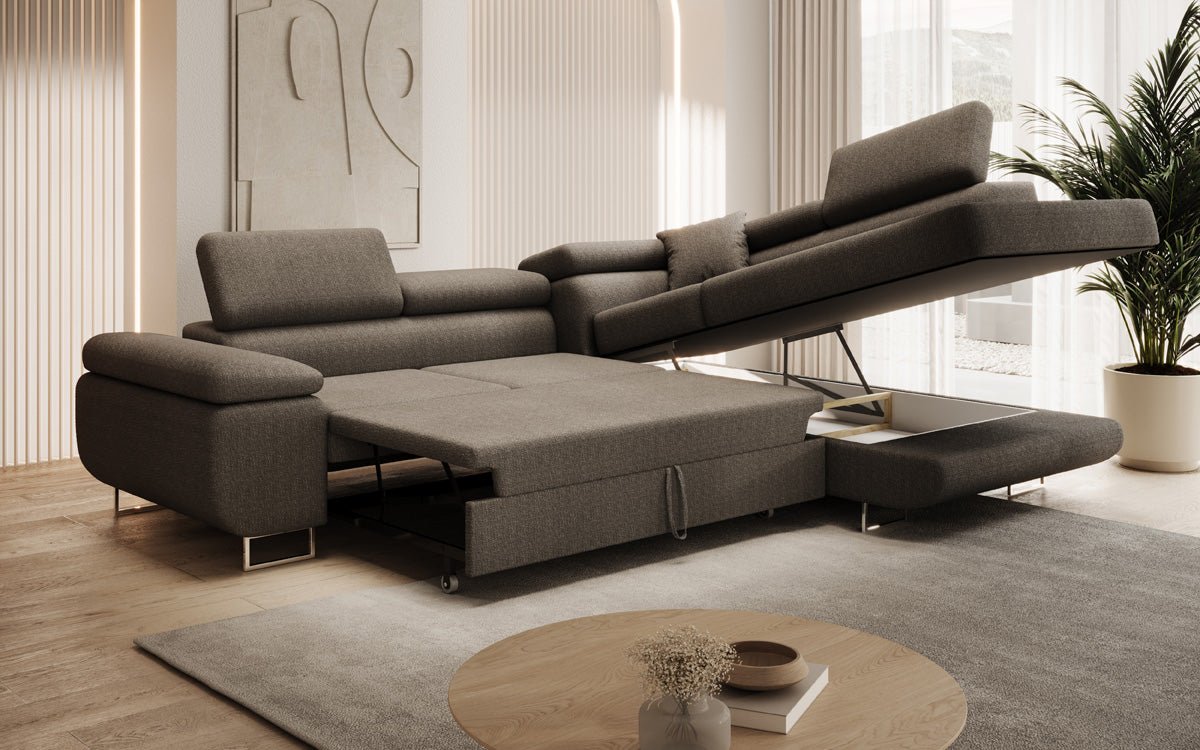 Designer Aston sofa with sleeping and folding function made of bouclé