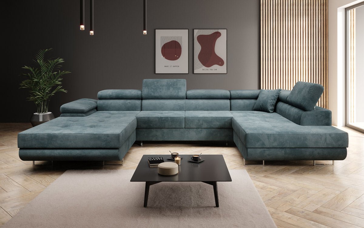 Canapé designer Lago avec fonction couchage et pliable en velours côtelé