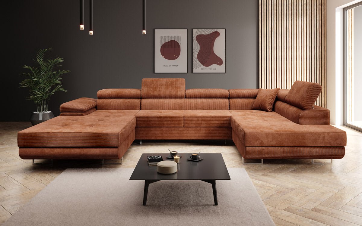 Canapé designer Lago avec fonction couchage et pliable en velours côtelé