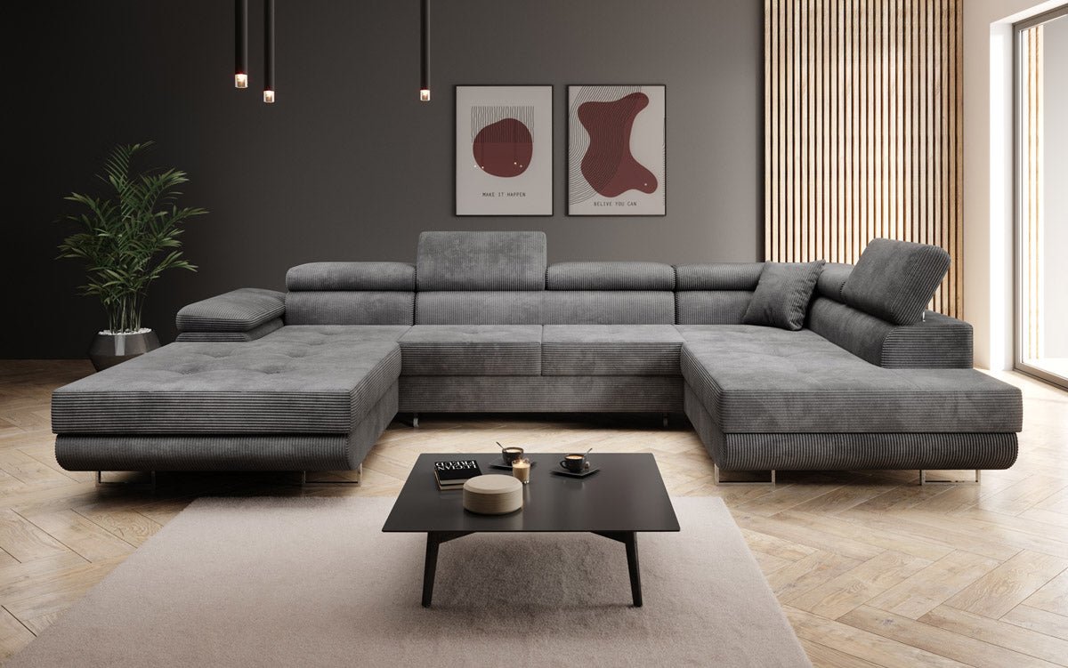 Canapé designer Lago avec fonction couchage et pliable en velours côtelé