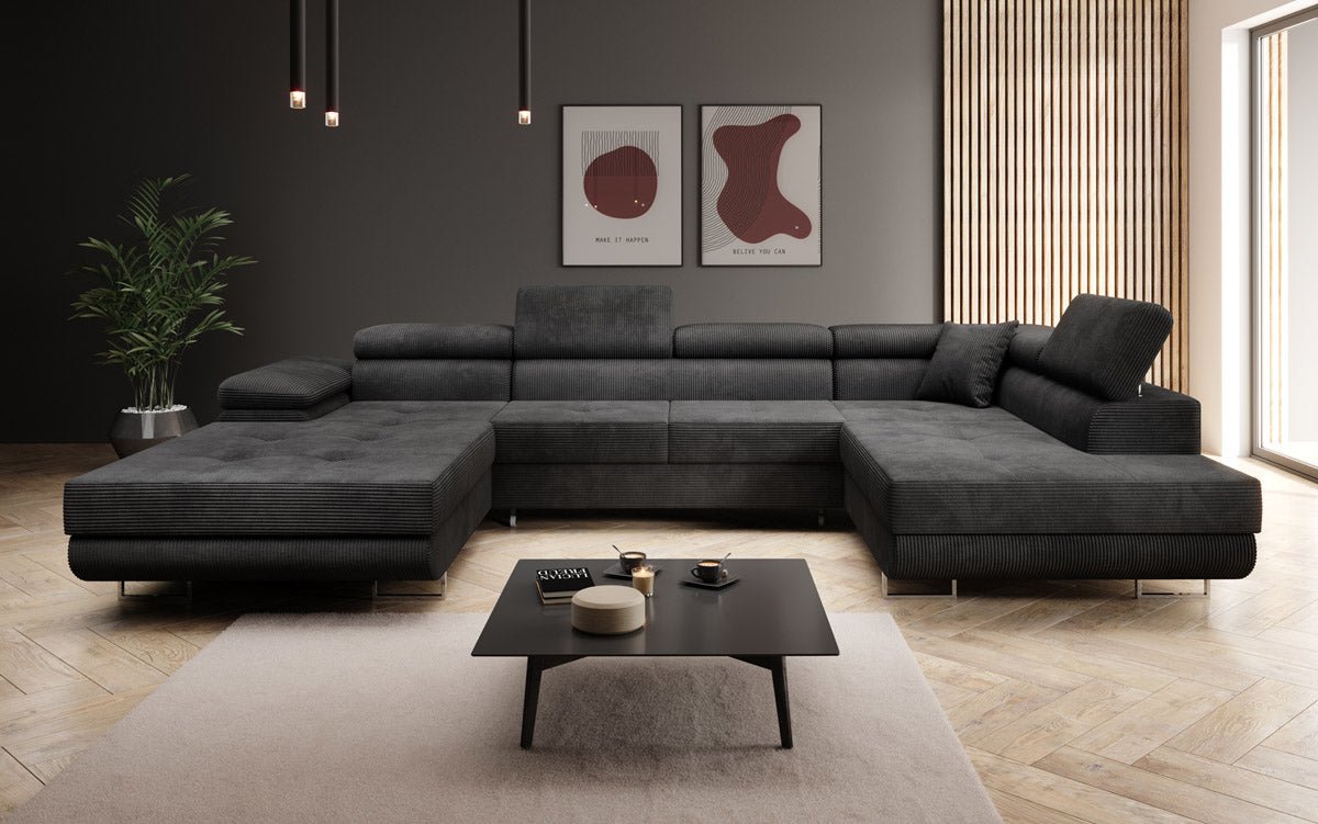 Canapé designer Lago avec fonction couchage et pliable en velours côtelé