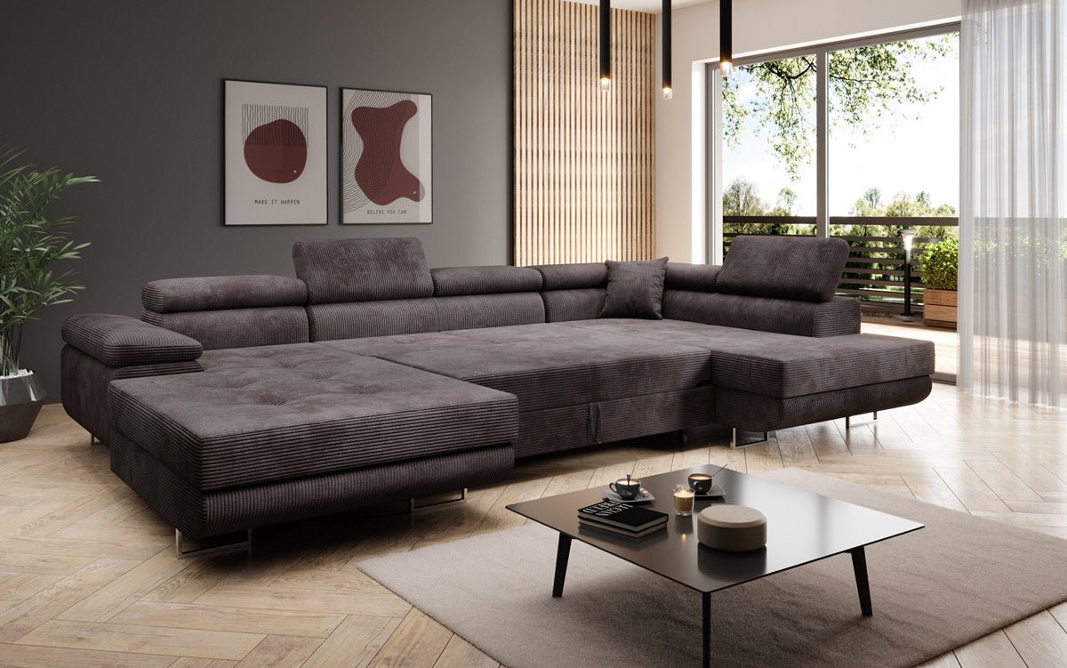 Canapé designer Lago avec fonction couchage et pliable en velours côtelé
