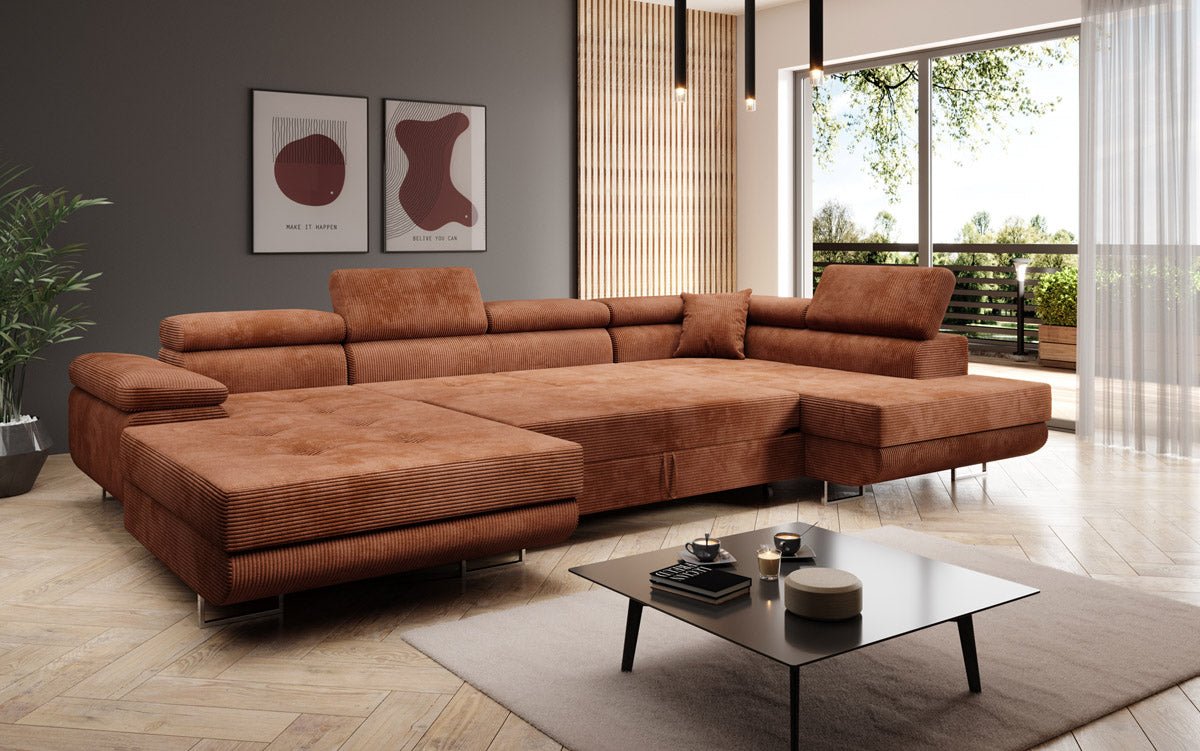 Canapé designer Lago avec fonction couchage et pliable en velours côtelé