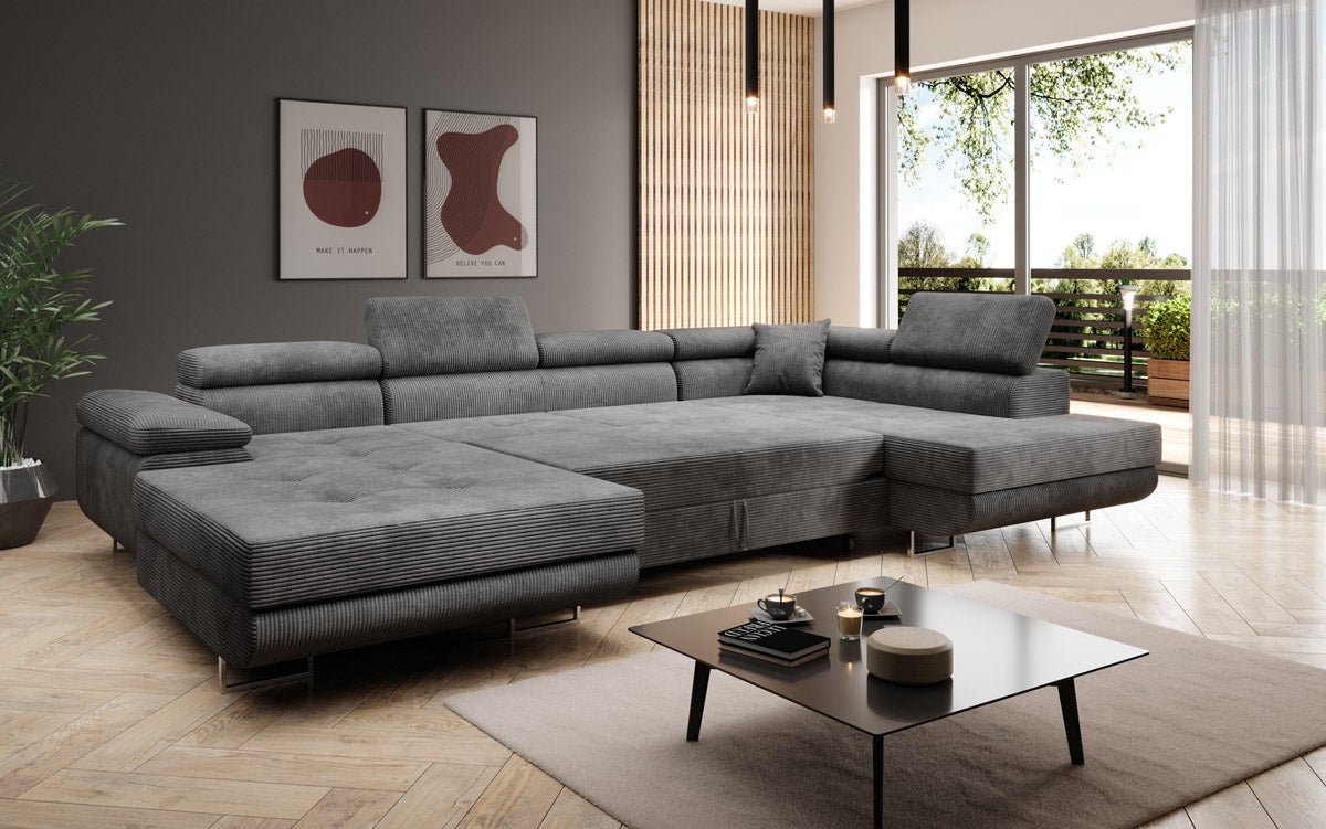 Canapé designer Lago avec fonction couchage et pliable en velours côtelé